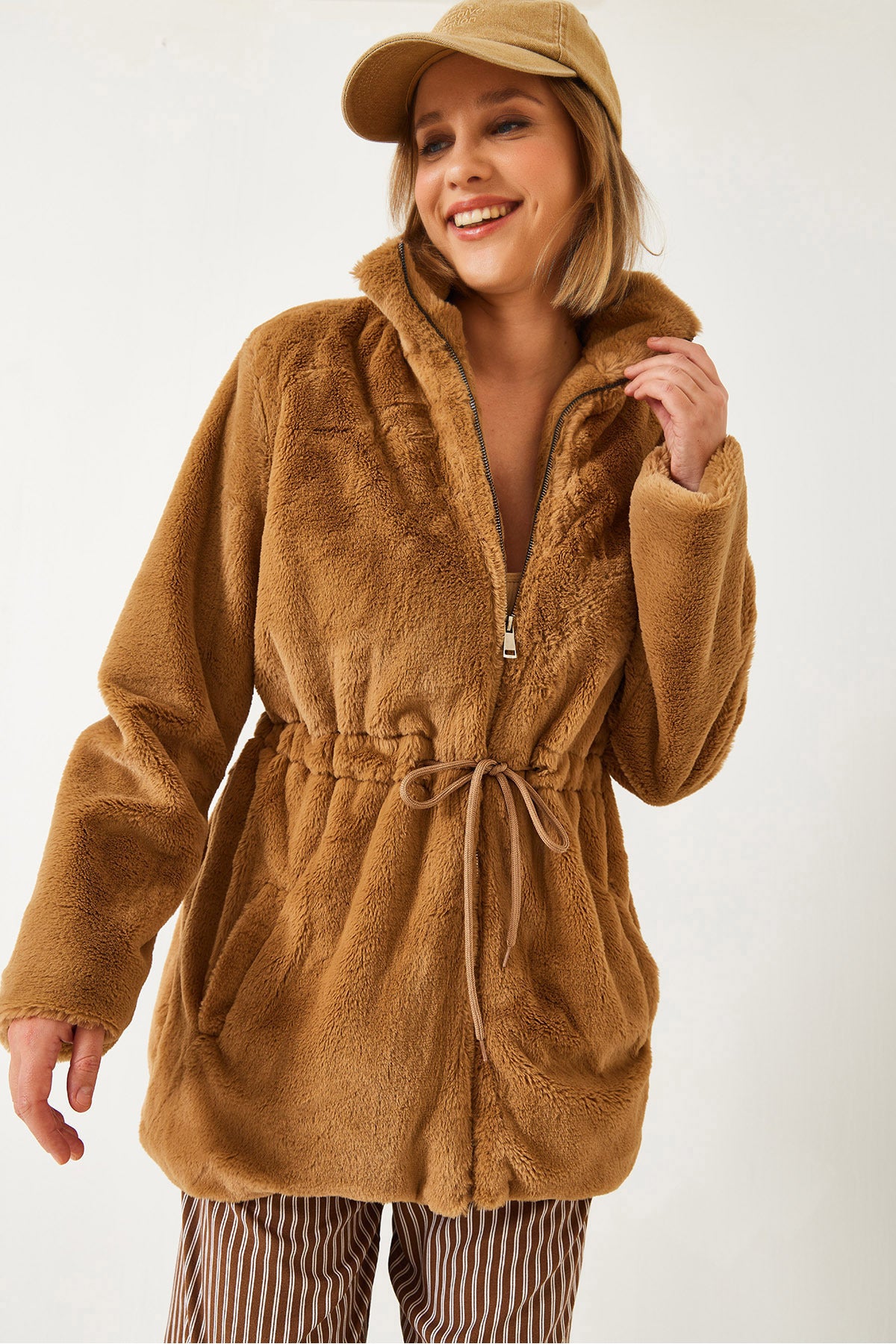 Women's Zippered Long Waist Elastic Fur Coat 2049 60141006