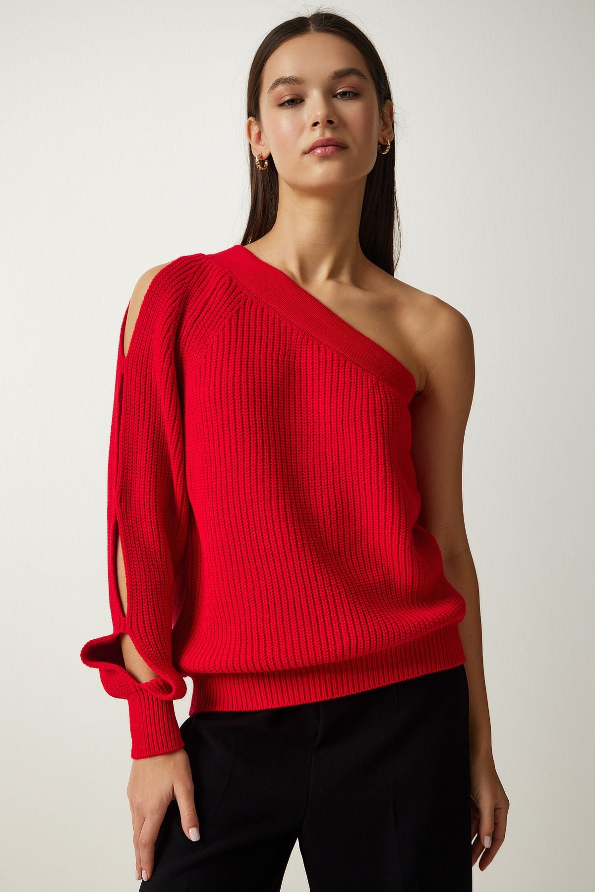 Woman Red Window Detail One Sleeve Knitwear Sweater PF00059