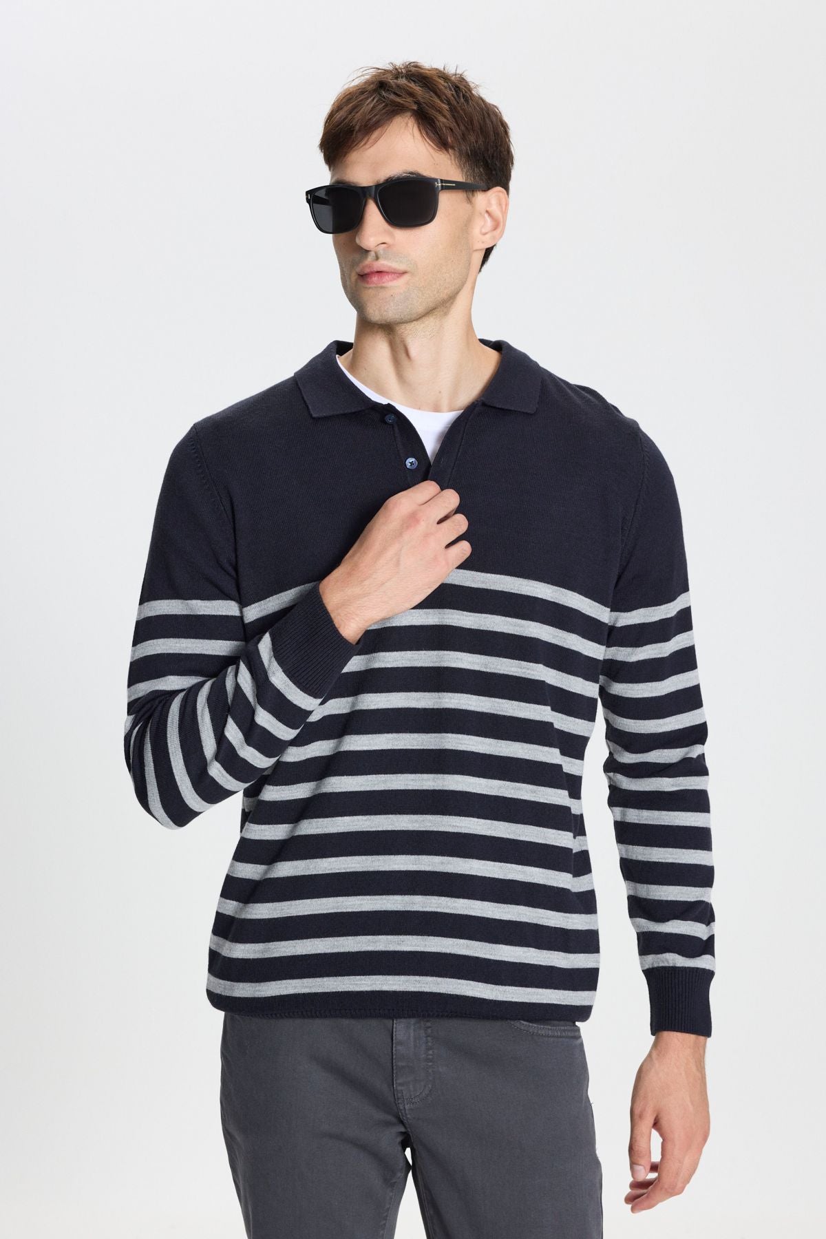 Men's Navy-Gri Standard Fit Normal Cutter Polo Yaka striped knitwear sweater