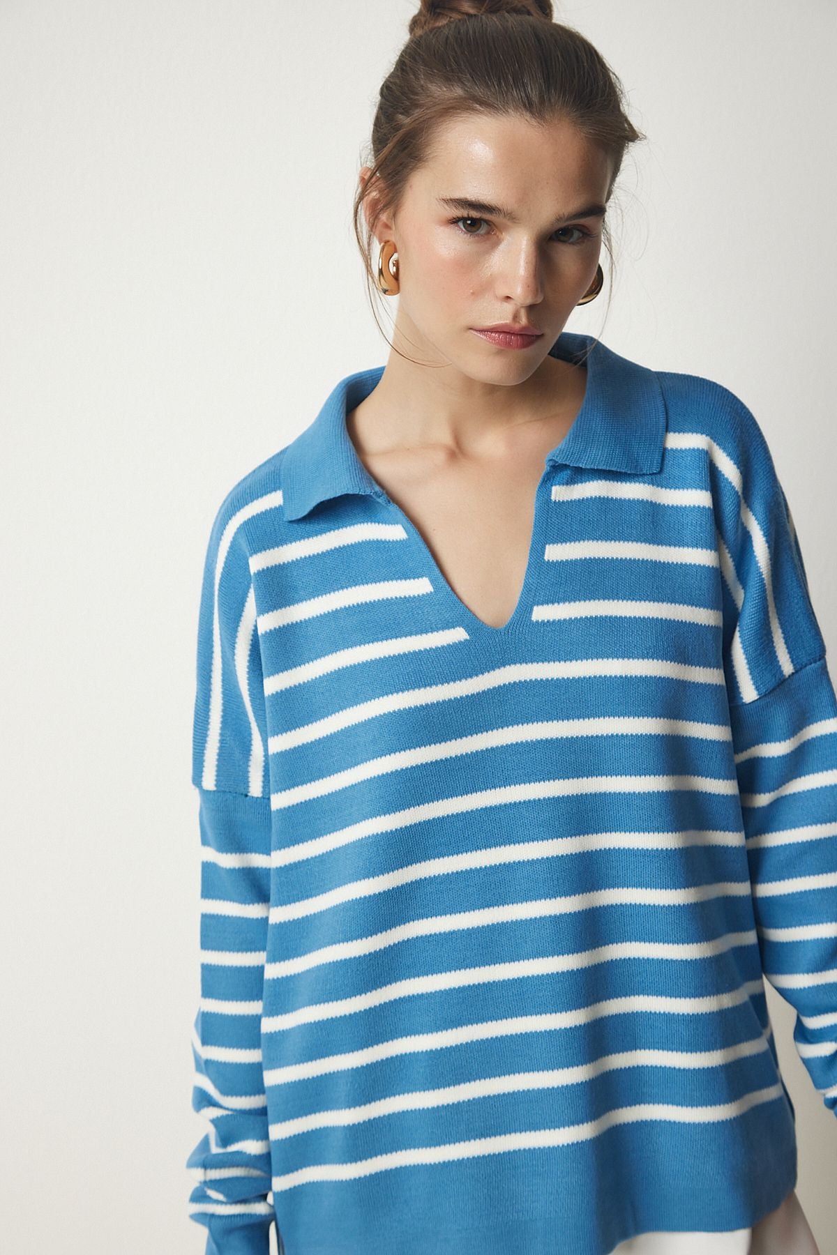 Woman Sky Blue Polo Yaka Crop Knitwear sweater US00293