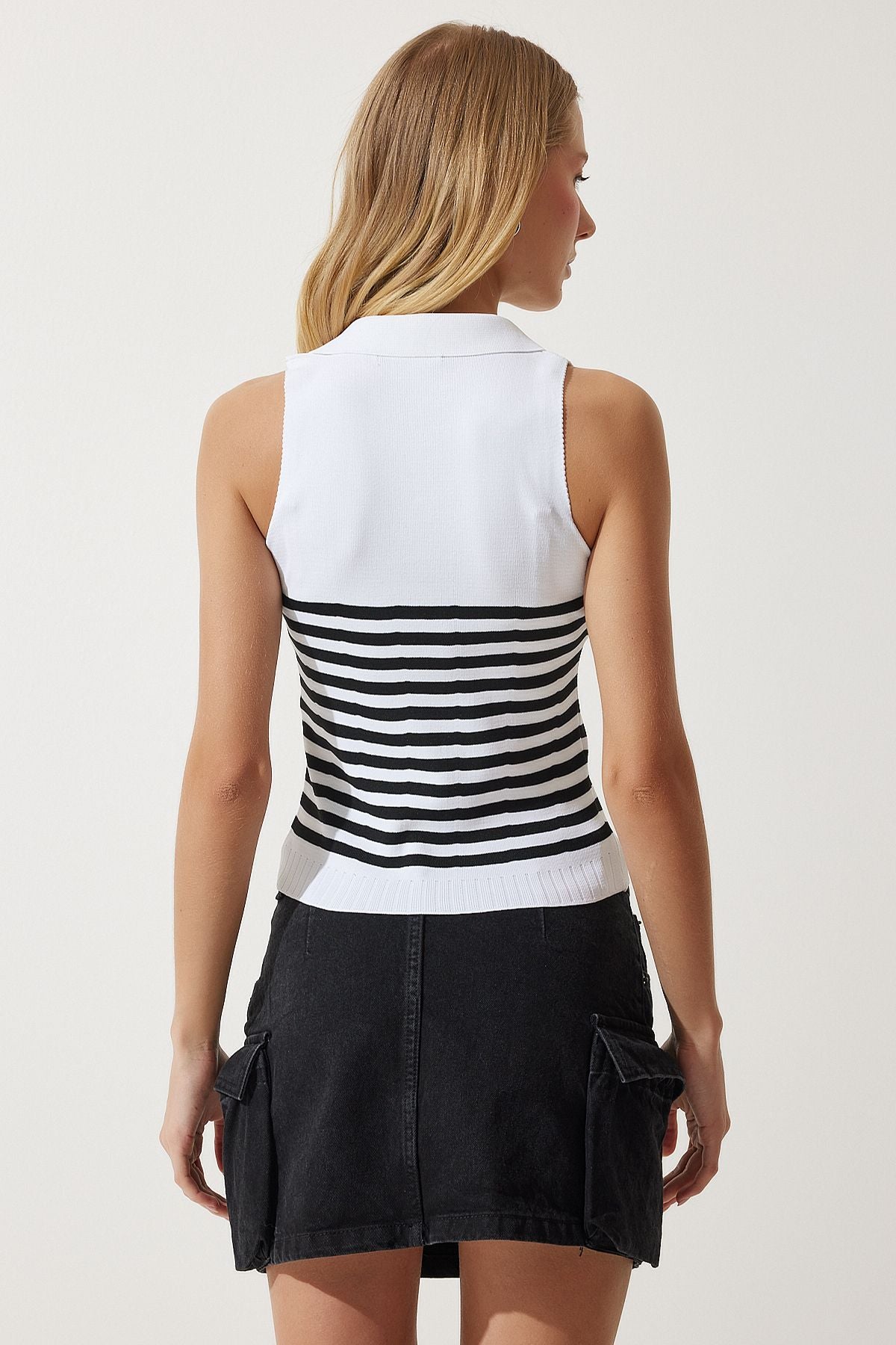 Woman White Polo Yaka striped knitwear blouse OW00037