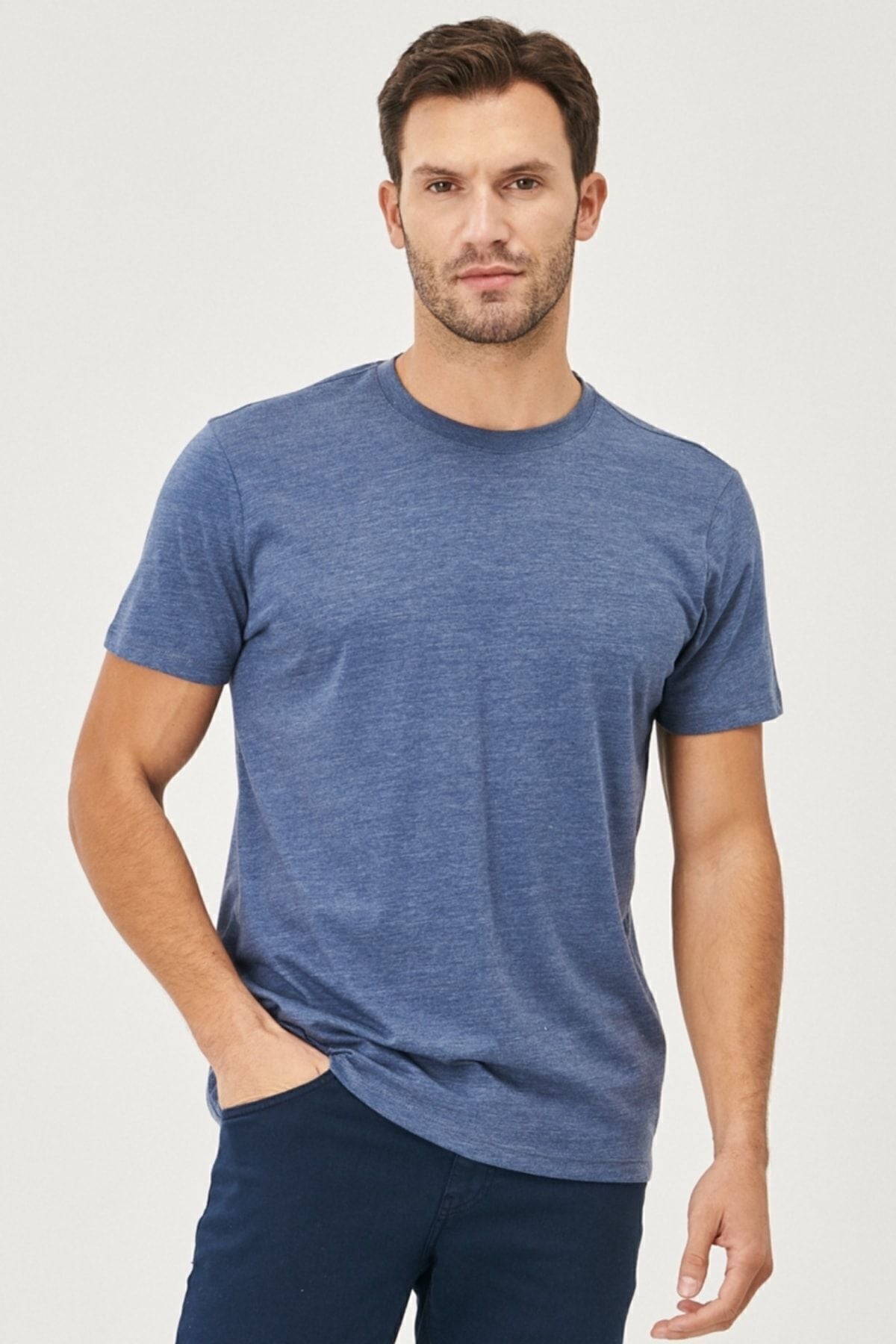 Men's Saks-Kırmız-Yellow-Intigo Melanj Slim Fit Dight Cut 4-Piece Basic T-Shirt Package