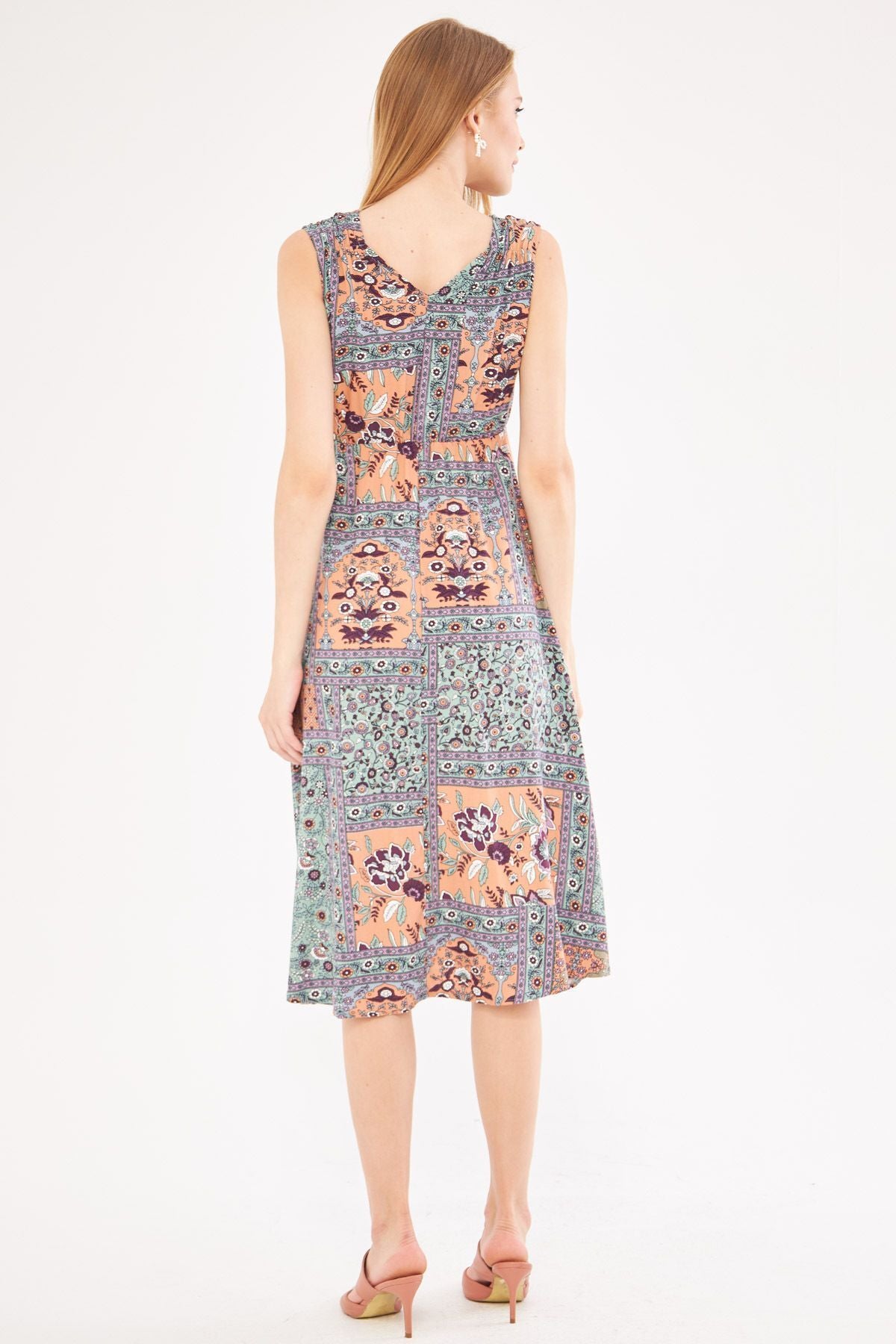 Female Salmon Patterned Waist and Shoulder Cruve Cruve Midi Boy Dress ARM-24Y001052