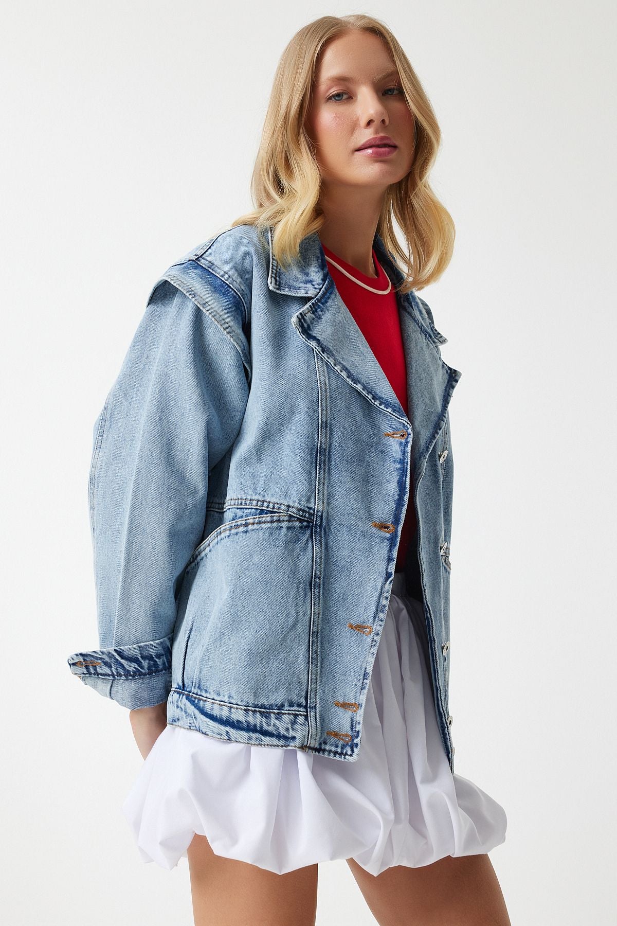 Woman Middle Blue Wide Pocket Oversize denim jacket sa00030