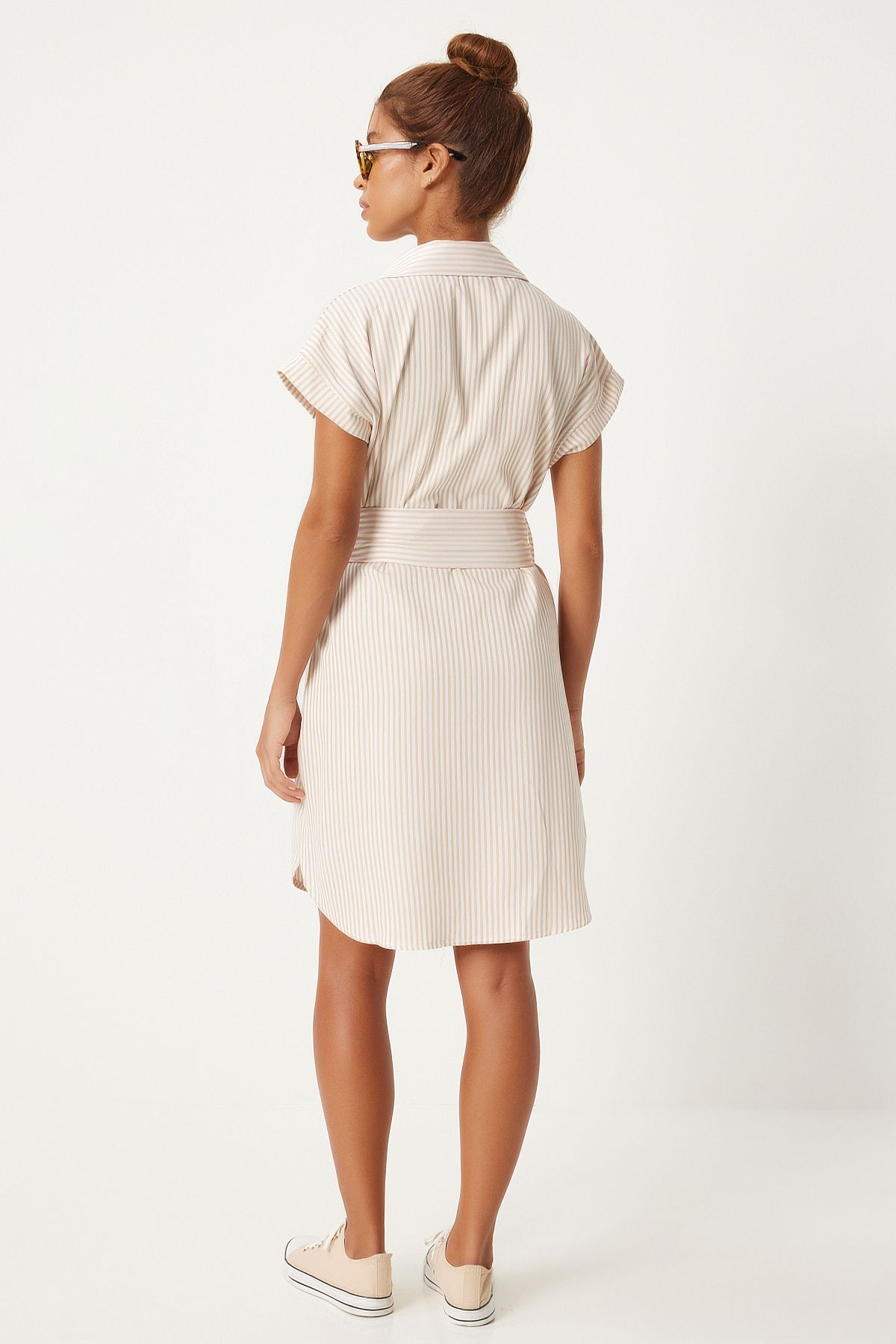 Female Beige White Belt Striped Shirt Dress FN03252