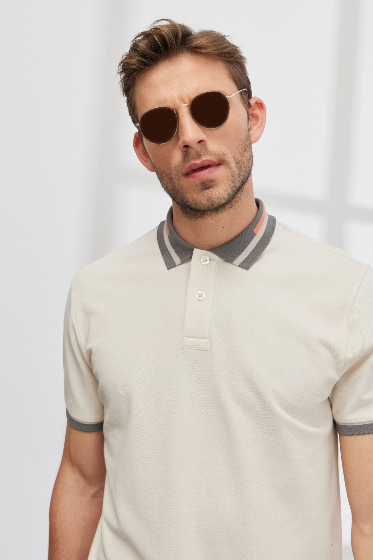 Men's Beige Slim Fit Narrow Cutting 100 %Cotton Curiated Polo Yaka T -shirt