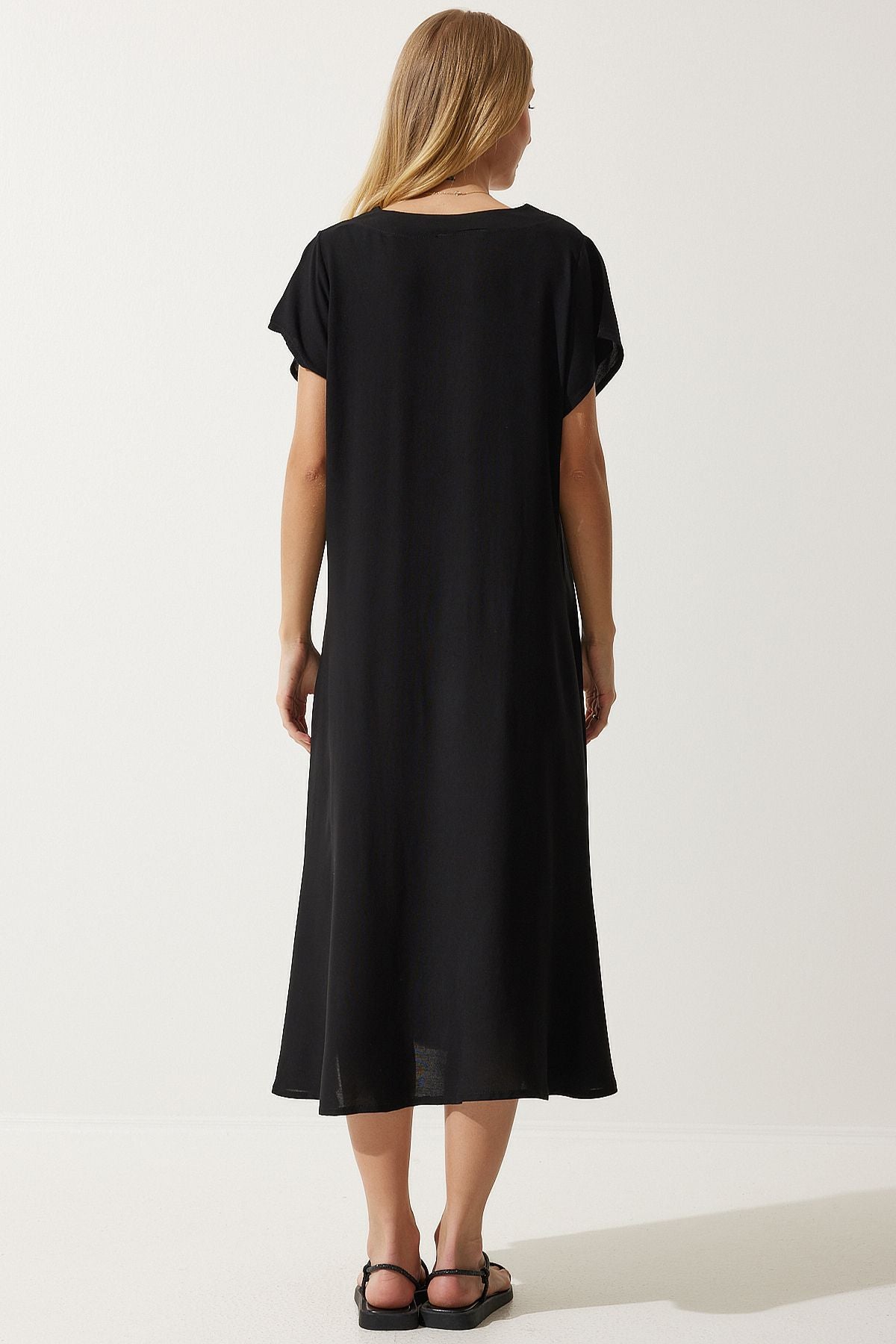 Female Black V -Neck Summer Casting Viscose Dress EN00612