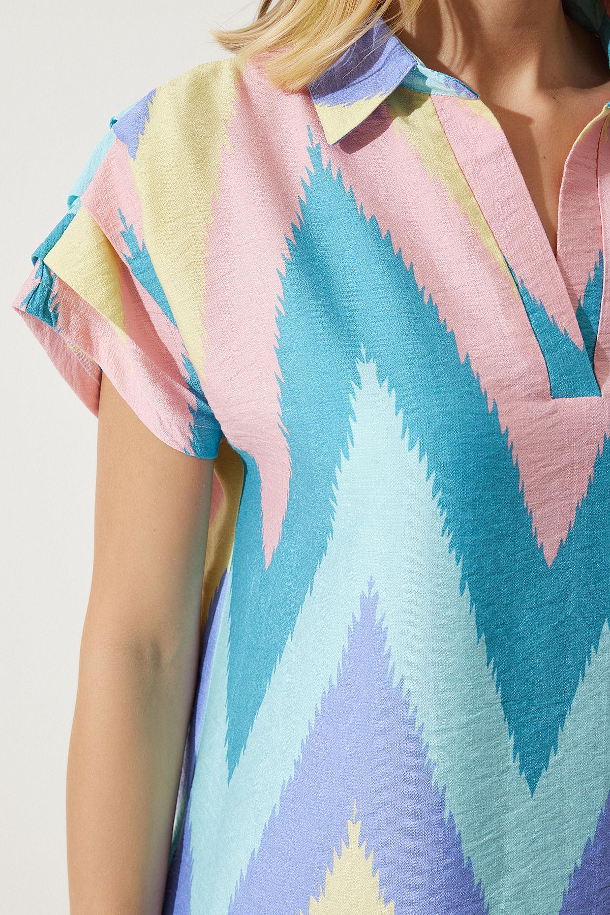 Woman Powder Blue Polo Yaka Patterned Summer Dress of00001