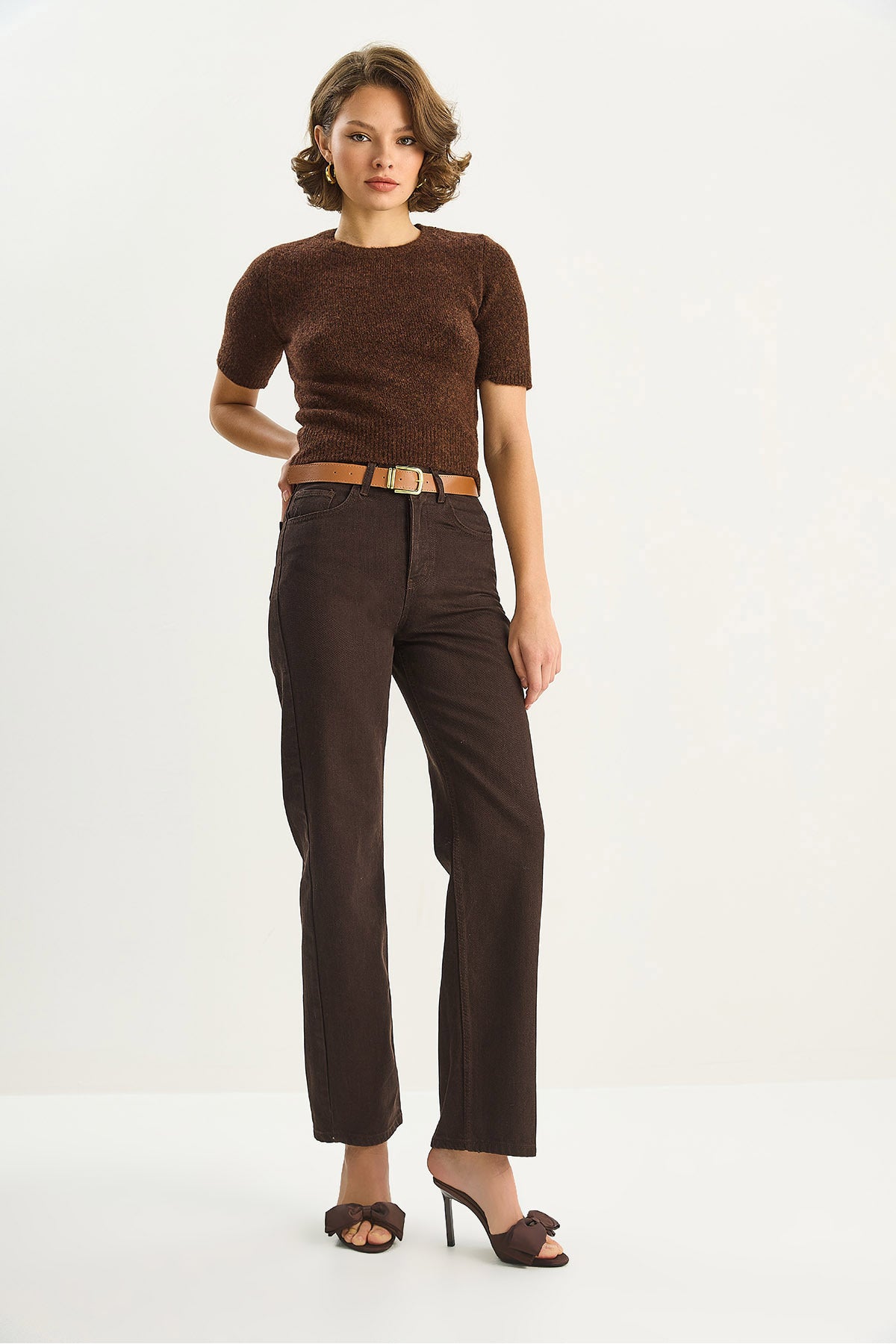 Women's Belted High Waist Straight Fit Denim Trousers 5220 60283744