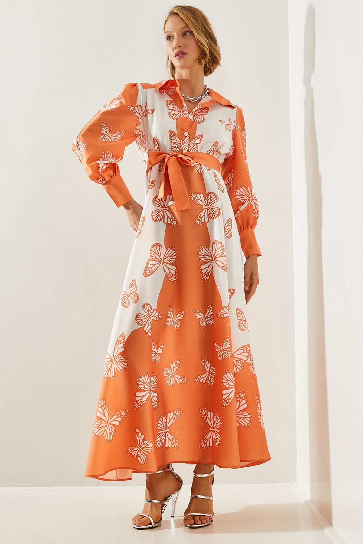 Shirt collar butterfly patterned belt long dress 22146 60251712