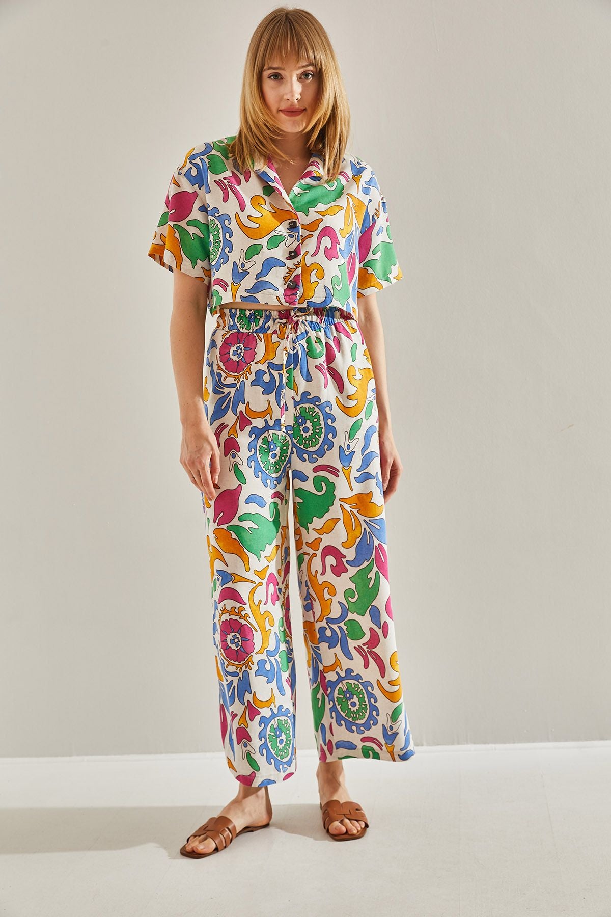 Crop Set with Palazzo Double Pants with Orange Ethnic Patterned 60251023