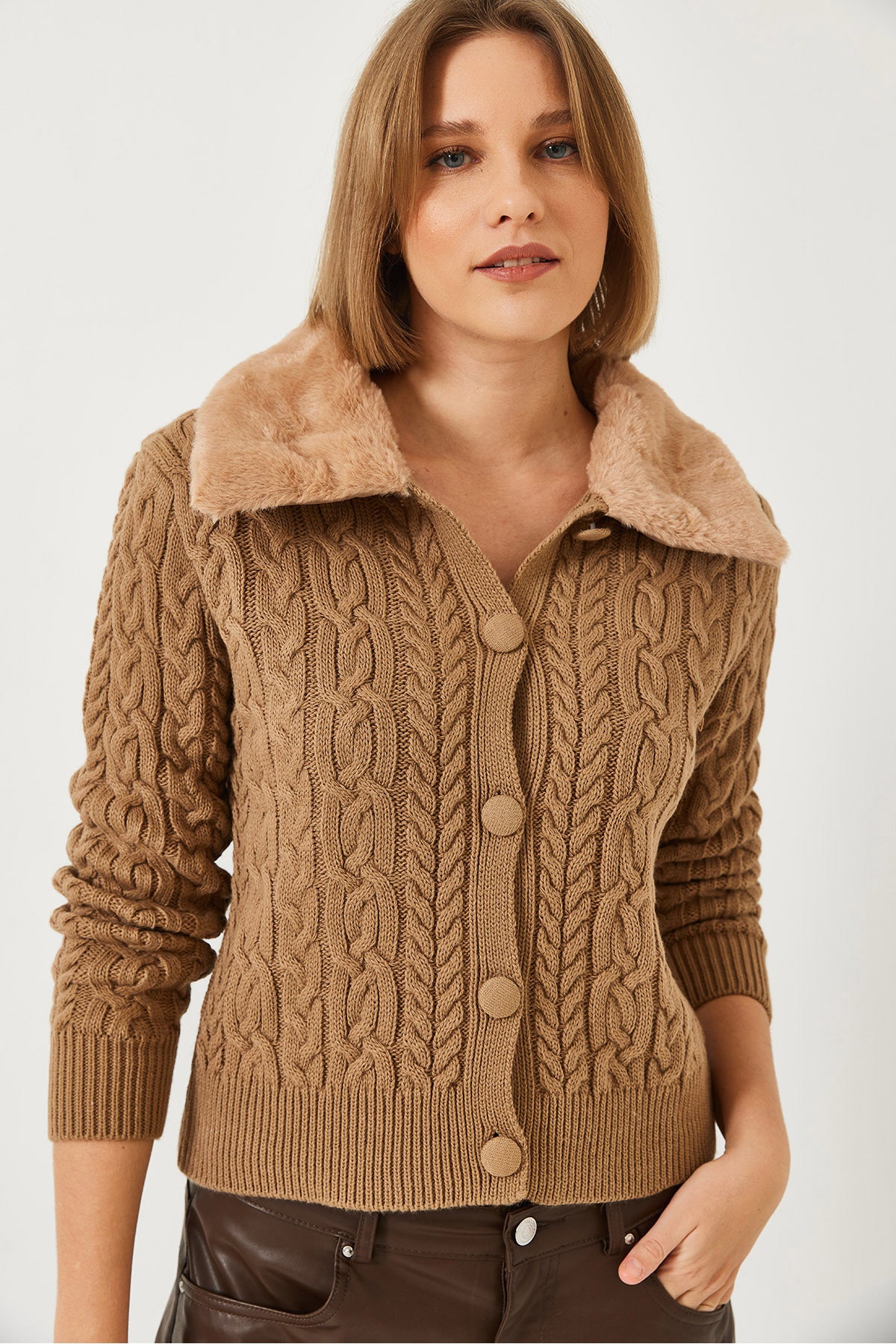 Women's Braided Fur Collar Knitwear Cardigan 20234512