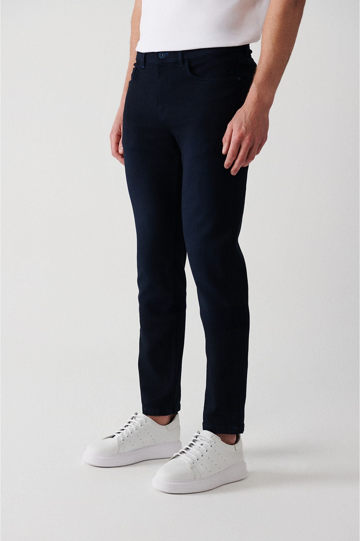 Men's navy blue tubing washing cotton flexible Berlin jean pants A32y3505