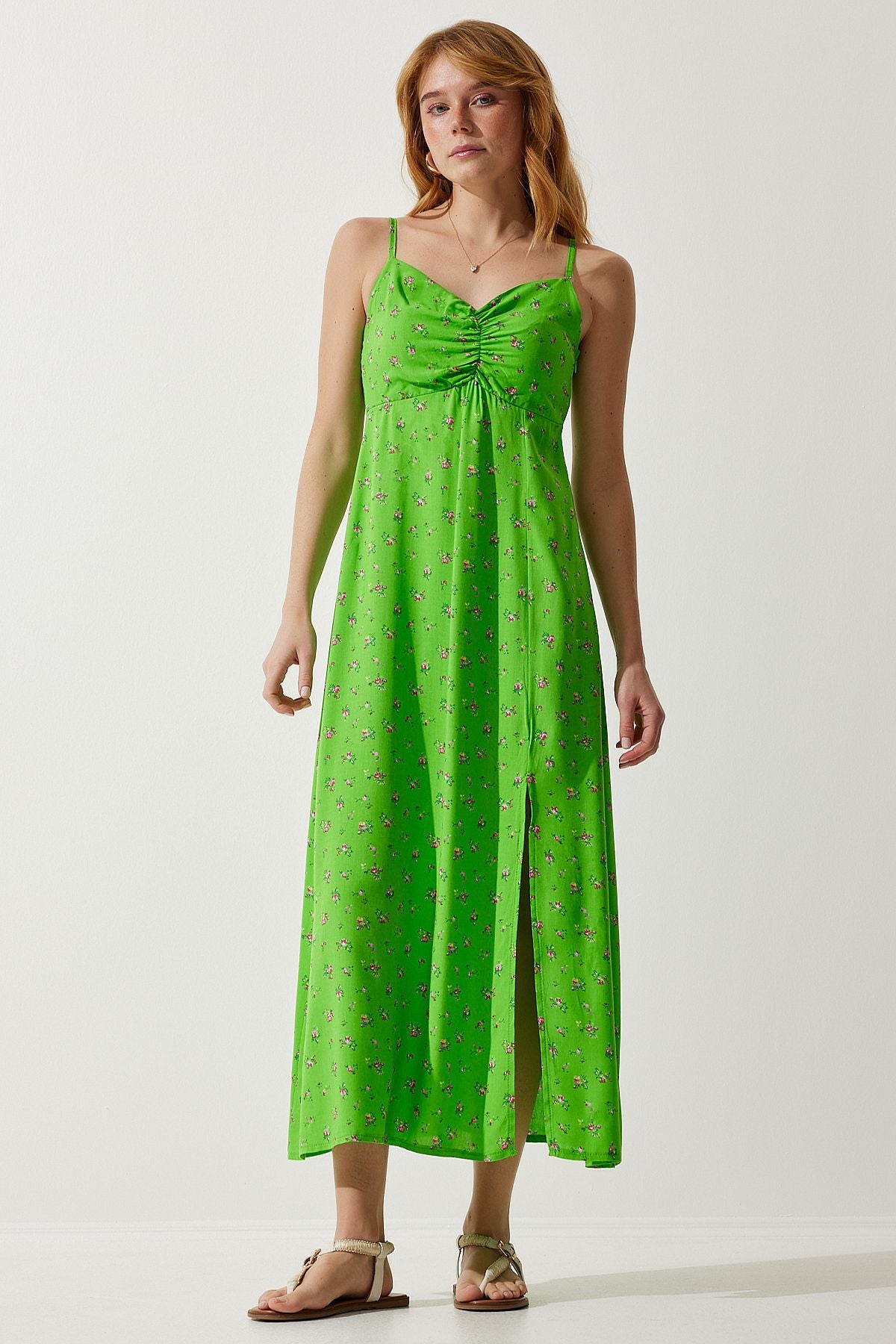 Female peanut green hanger with patterned viscose dress ub00236