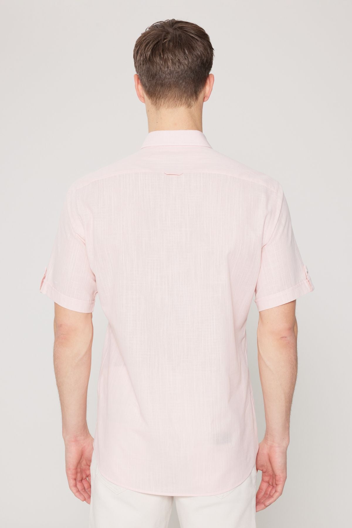 Men's Pink Comfort Fit Casual Cutting Buttoned Neck Linen Looking 100 %Cotton Short Sleeve Shirt