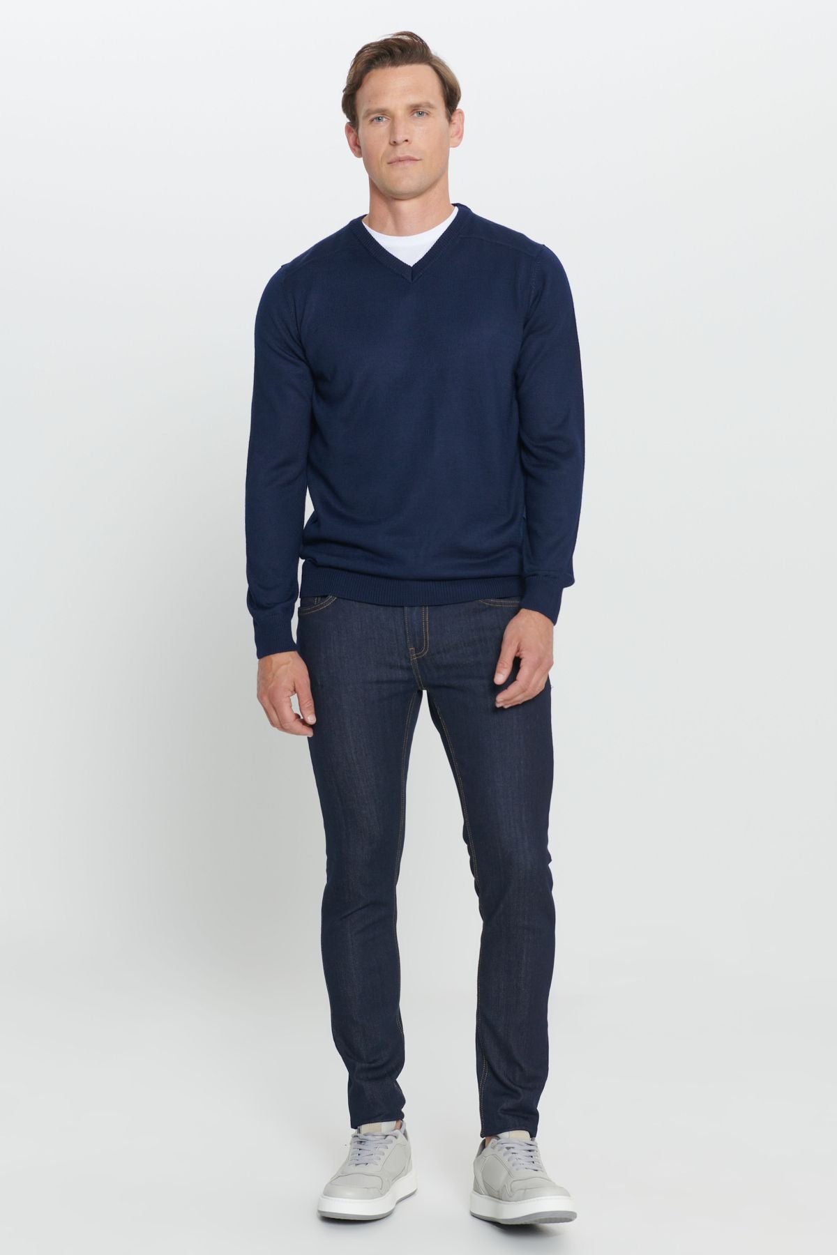 Men's Navy Blue Standard Fit Normal Cut V -Neck Knitwear Sweater