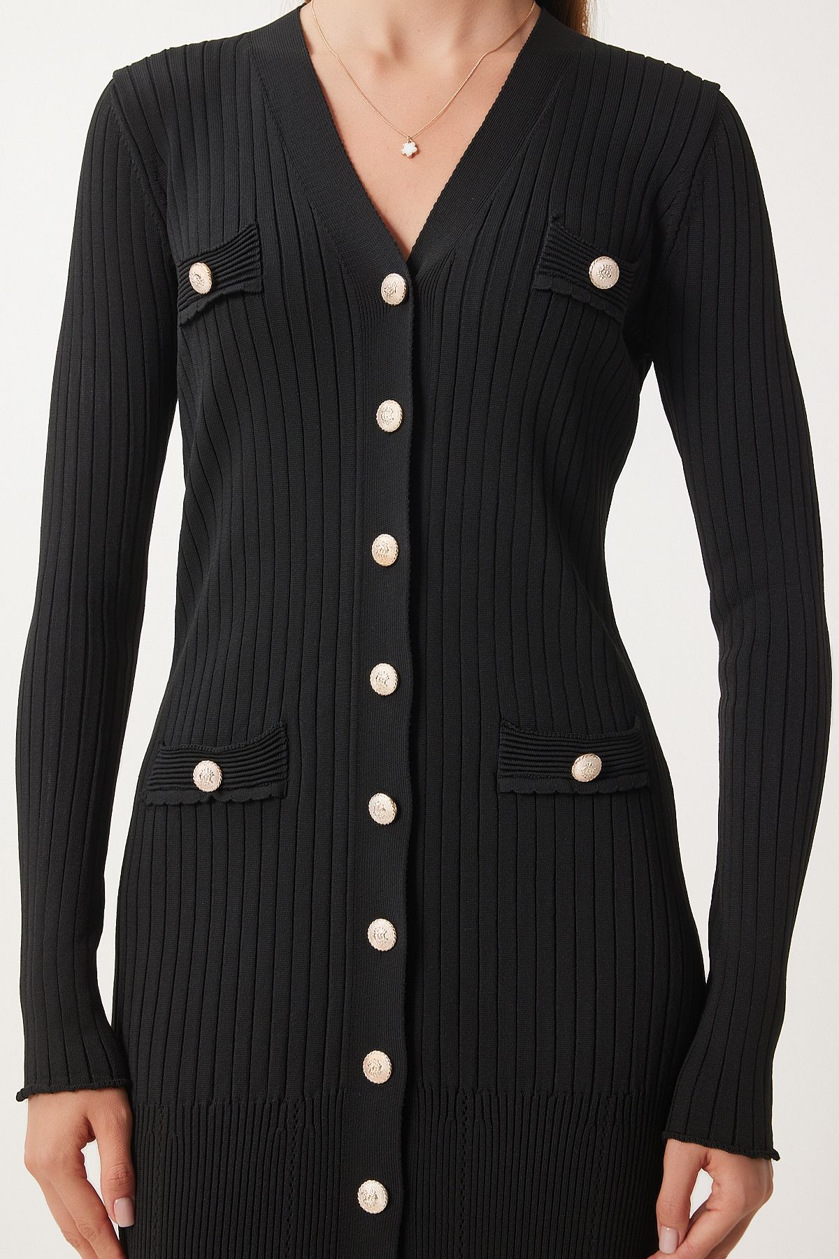 Female black stylish buttoned knitwear dress FN03379