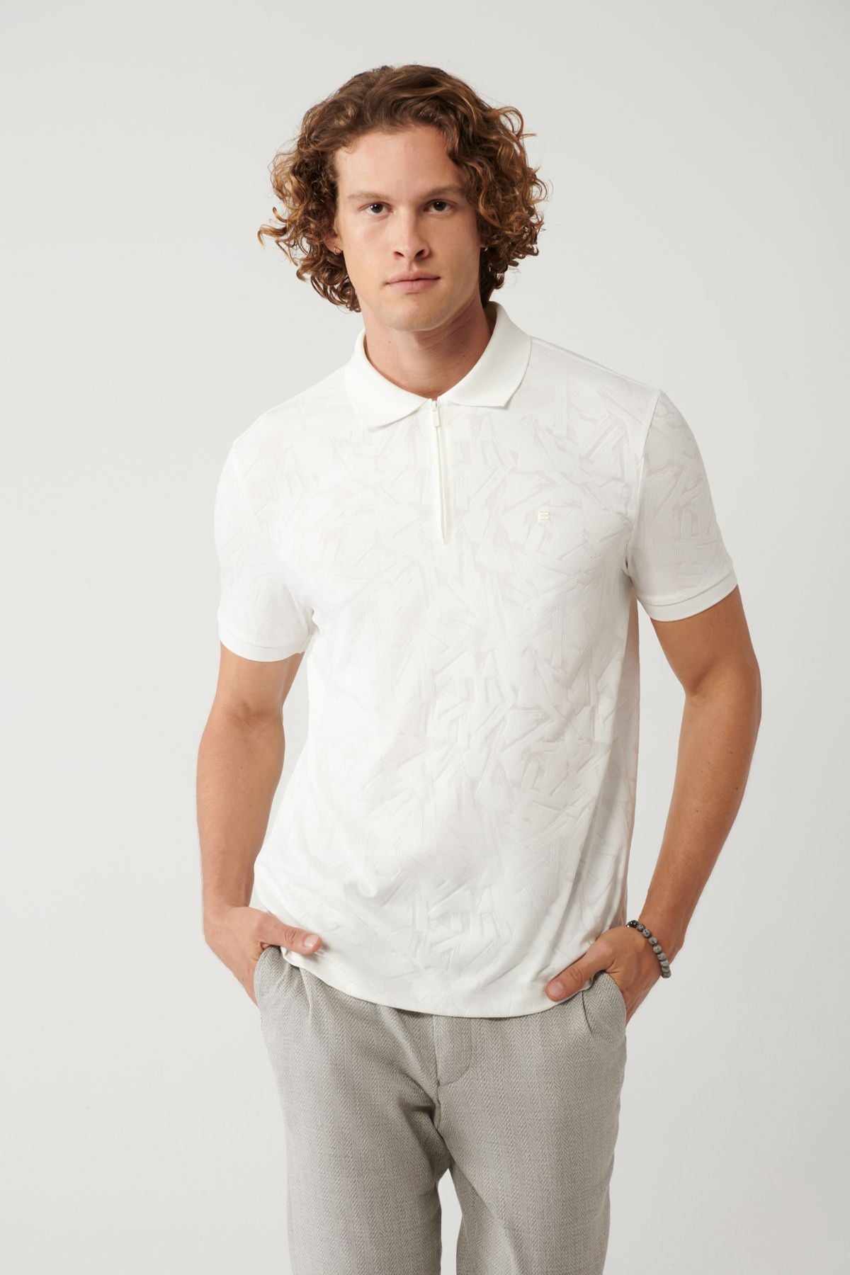 Men's White Zipper Jacquard Polo Yaka T-shirt A41y1118