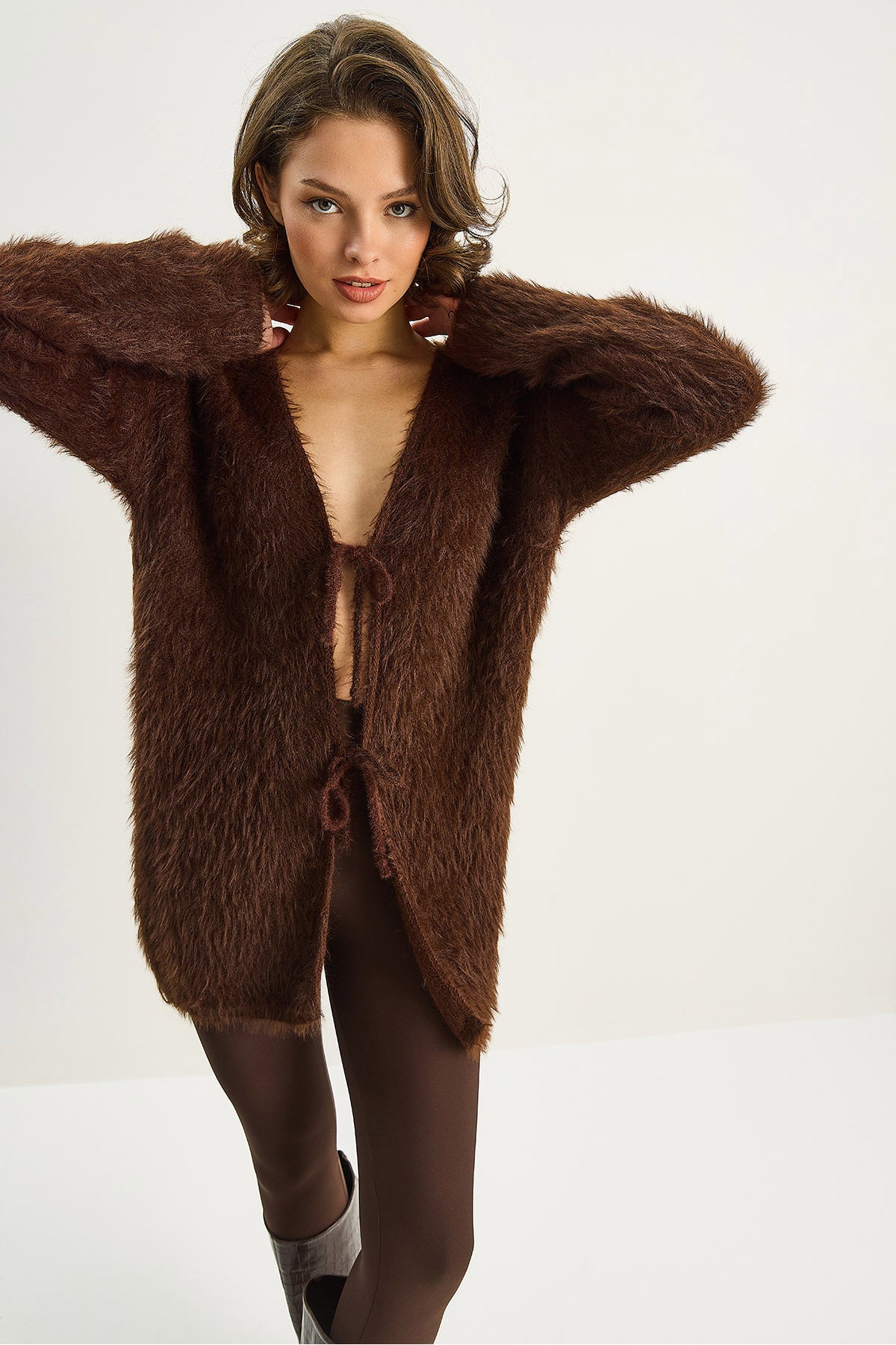 Women's Bearded Soft Textured Knitwear Cardigan with Tie Detail 9064 60283754