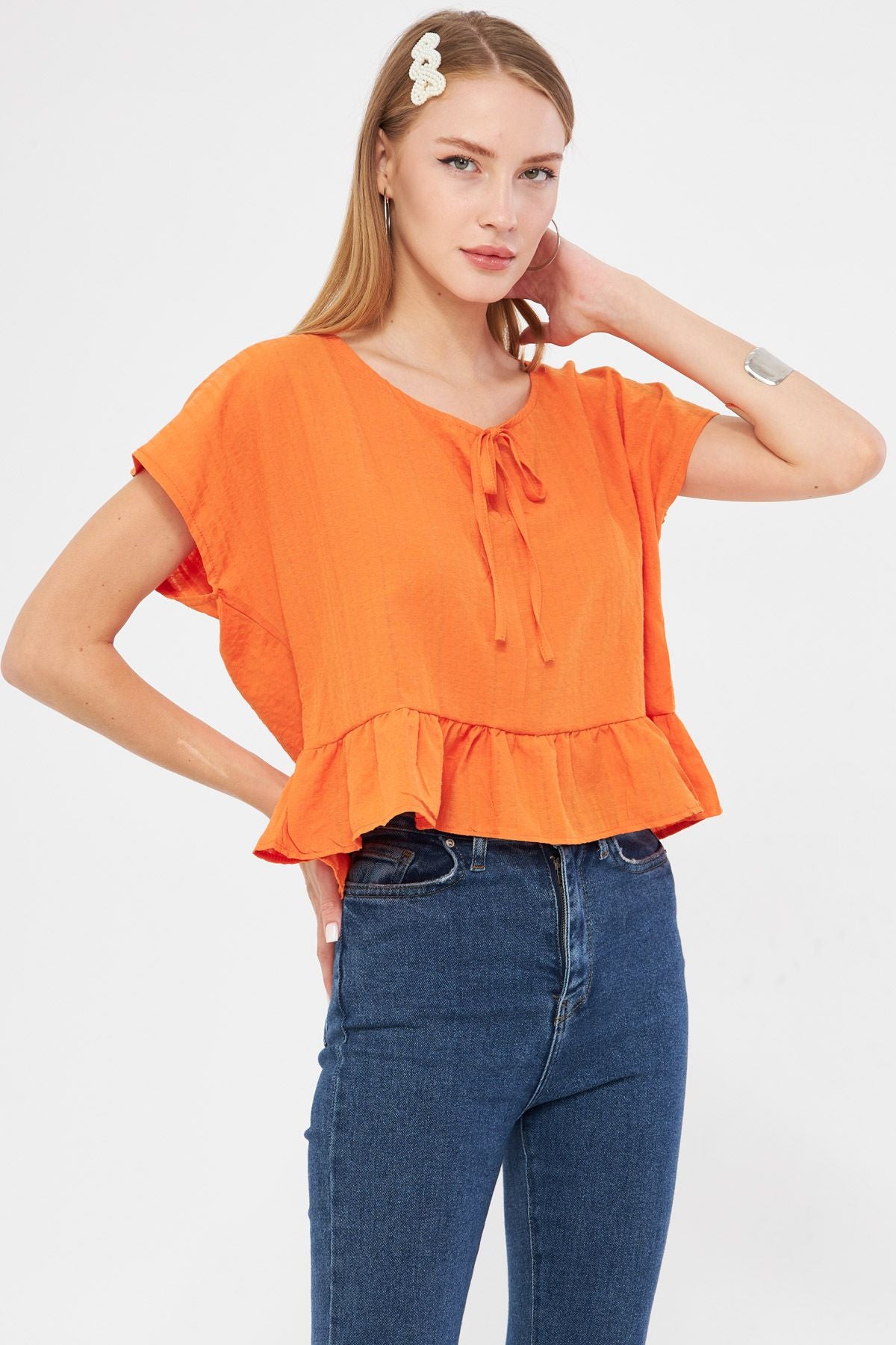 Women Orange Bat Arm collar connecting skirt frilly overwheeling Crop blouse ARM-24Y001088