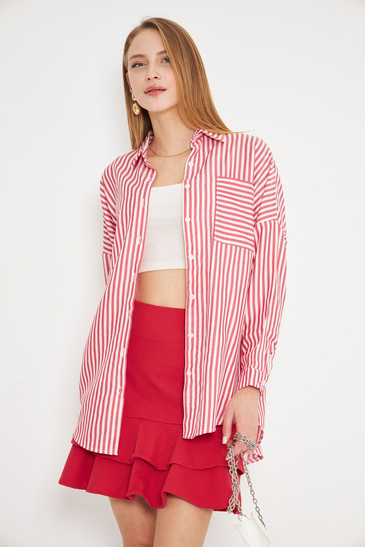 Women's Red Striped Long Sleeve Pocket Detail Surround Pleeled Oversize Shirt ARM-25K001069