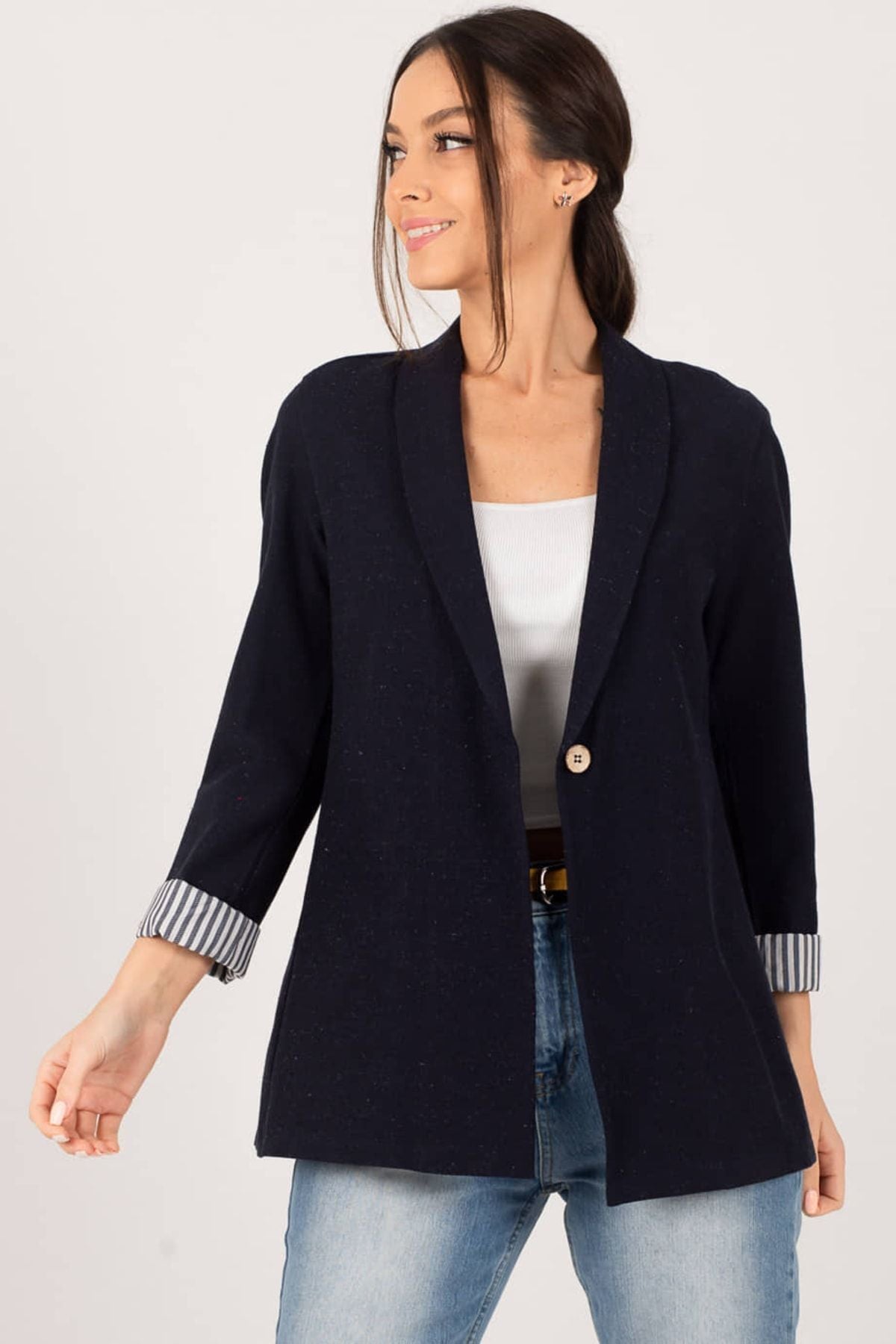 Woman Dark Navy blue sleeve in intrauterine striped single button jacket ARM-22K001122