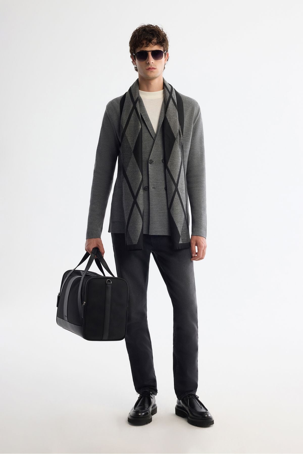 Men's Gray Mono Yaka Cruishery Pocket Wool Triko Jacket A42Y5153