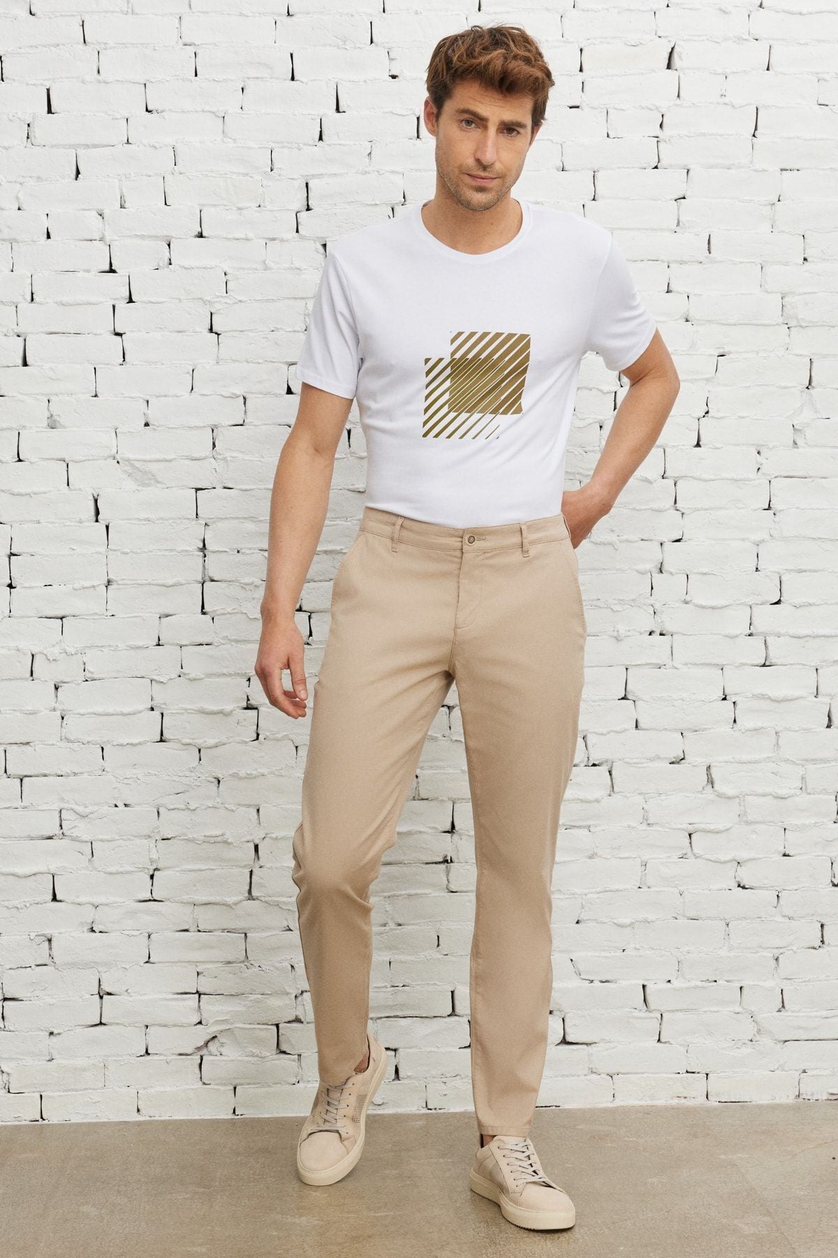 Men's beige comfort fit comfortable cutting side pocket cotton patterned flexible pants