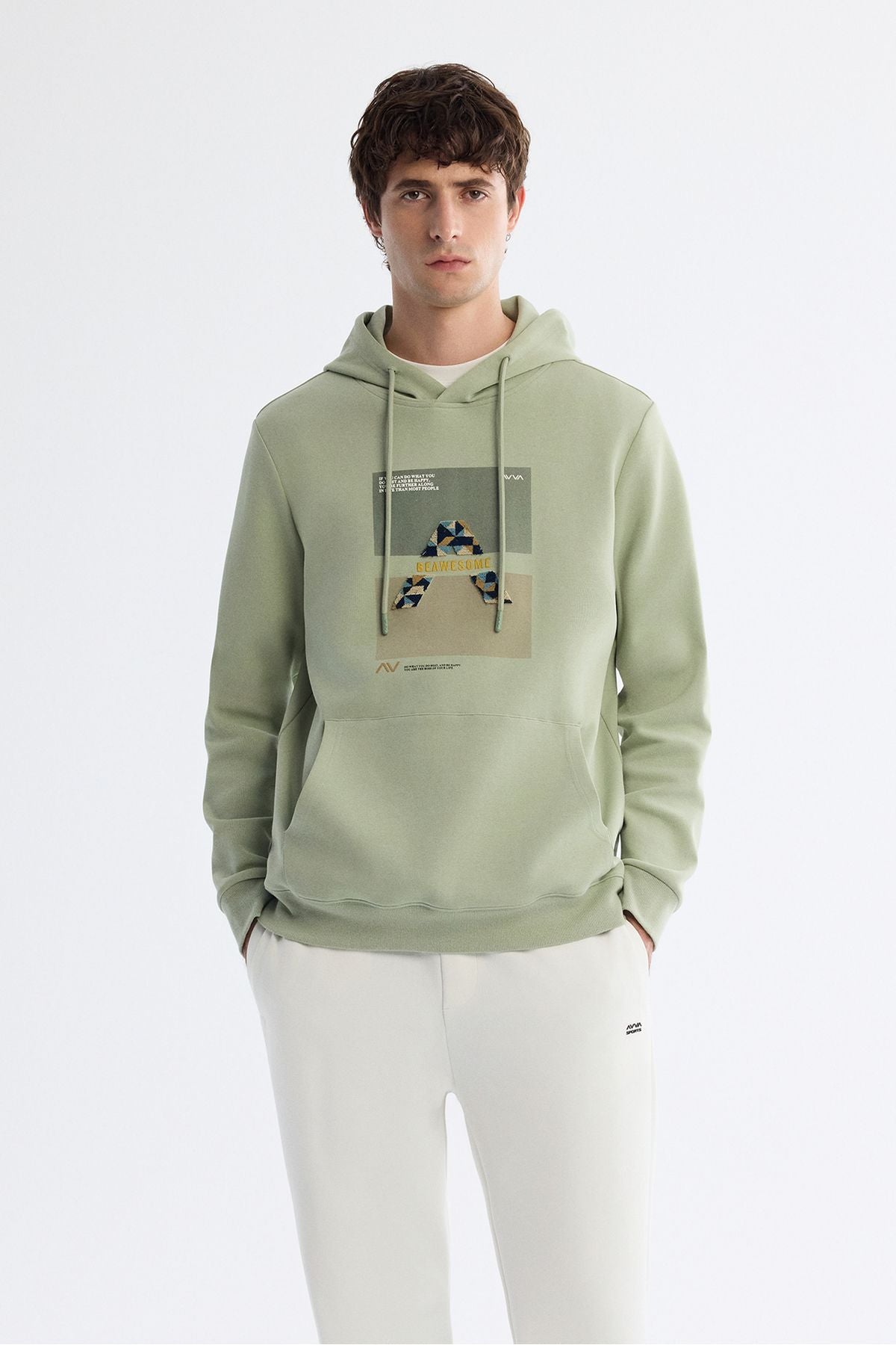 Men's Mint Green Hooded Cotton Printed Elastan Sweatshirt A42y1321