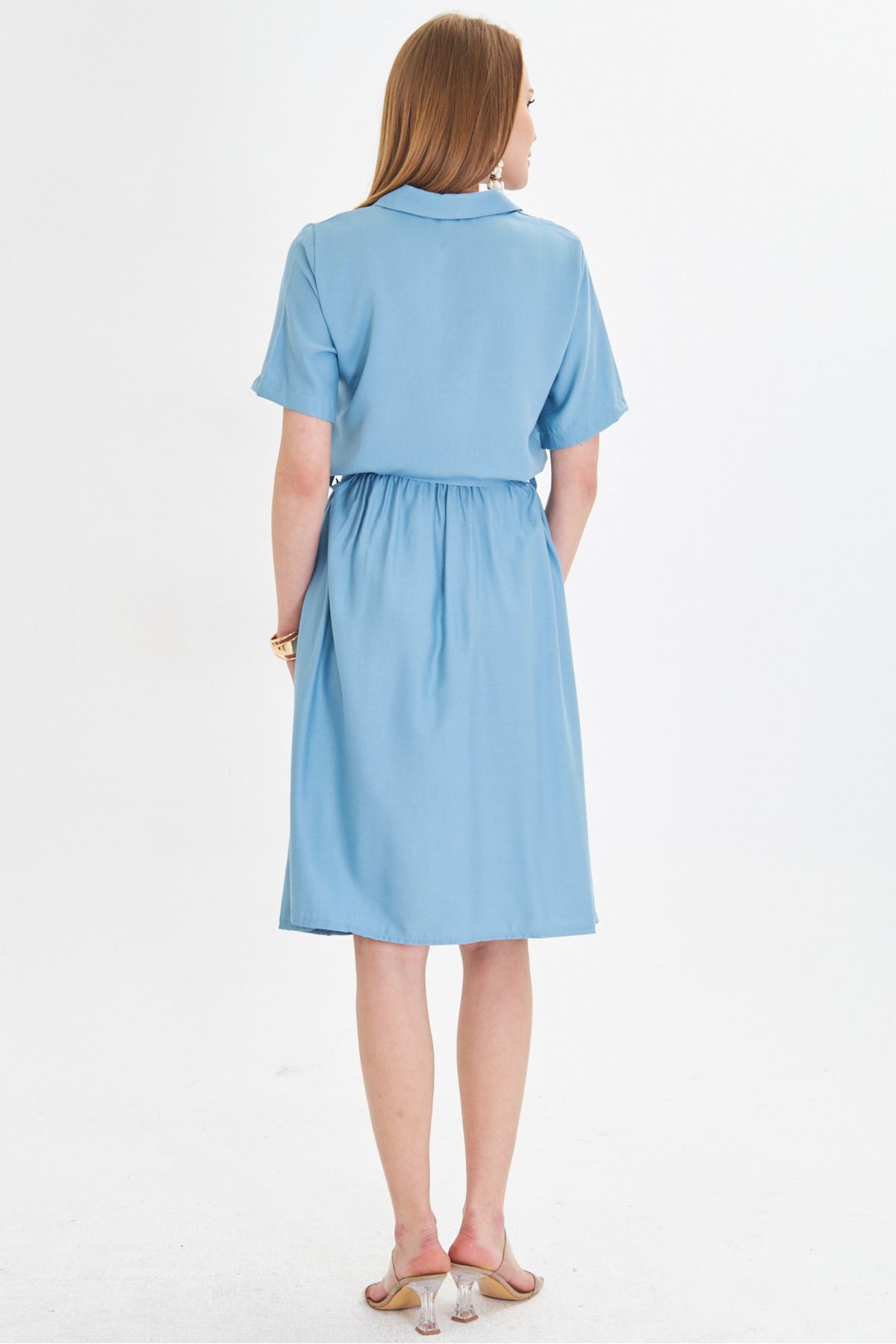 Woman Indigo front buttoned waist shirred belt midi size dress ARM-24Y001068
