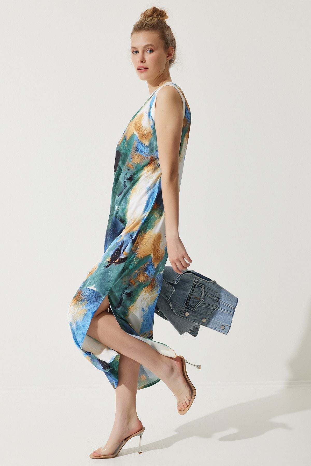 Woman Blue Degrade Patterned Sleeveless Summer Dress KJ00010