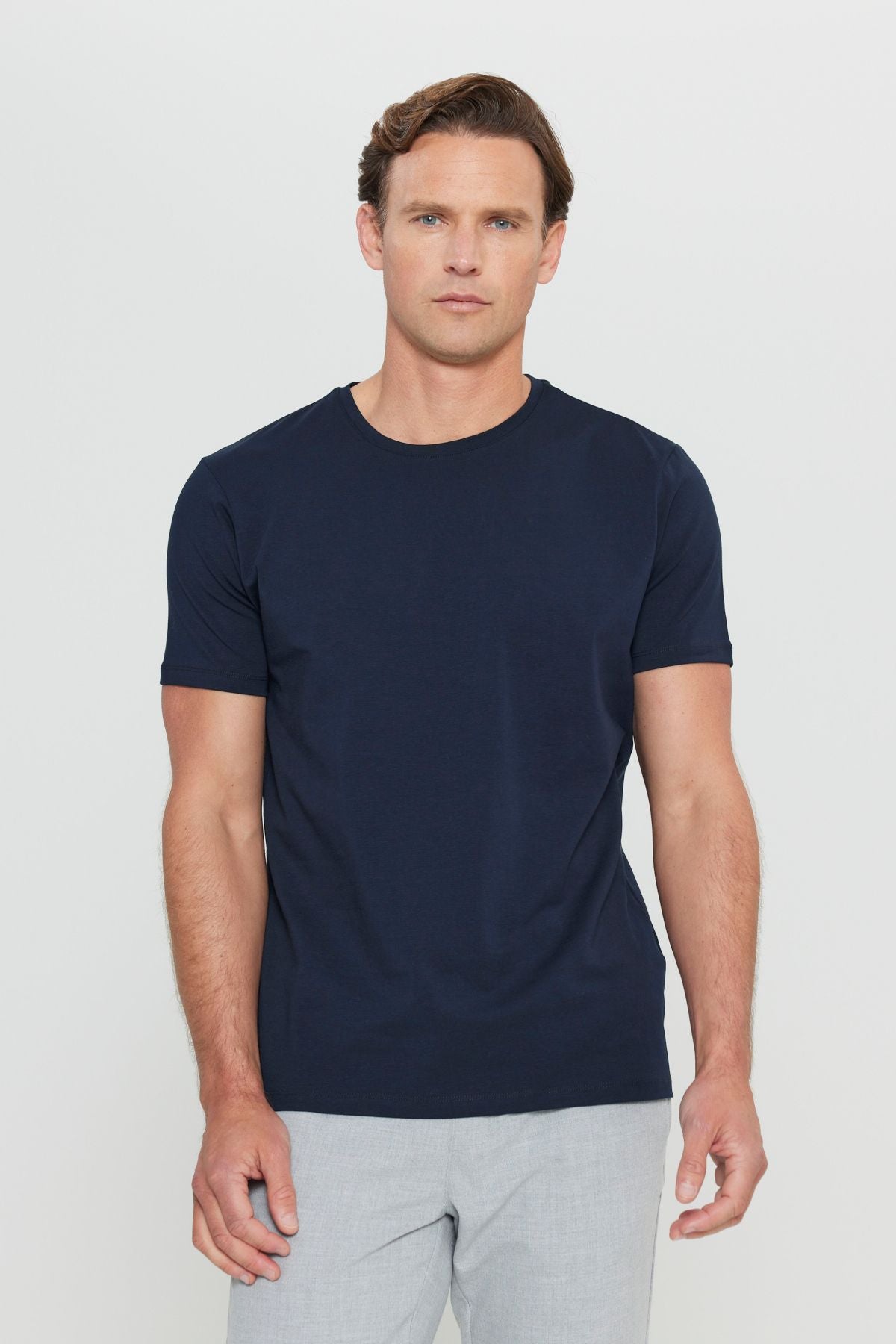 Men's navy blue 360 degrees stretching in all directions slim fit narrow cut bike bike collar t -shirt