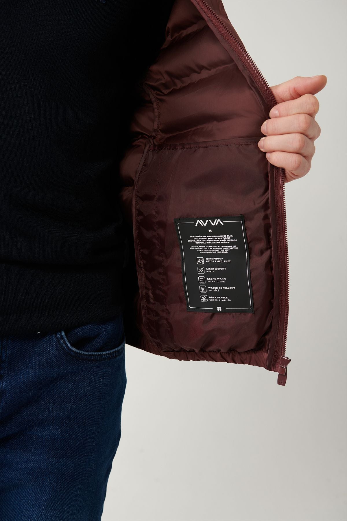 Men's burgundy upright collar water repulsive windproof light swelling coat E006019