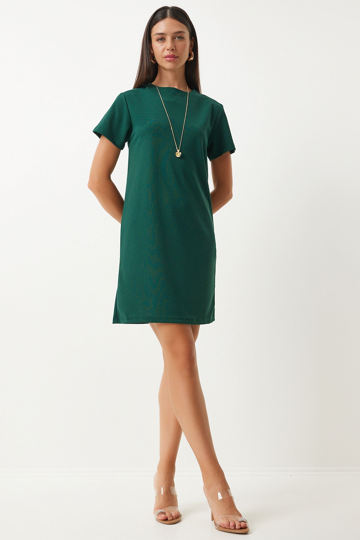 Female emerald green bike collar Basic crepe dress to00136