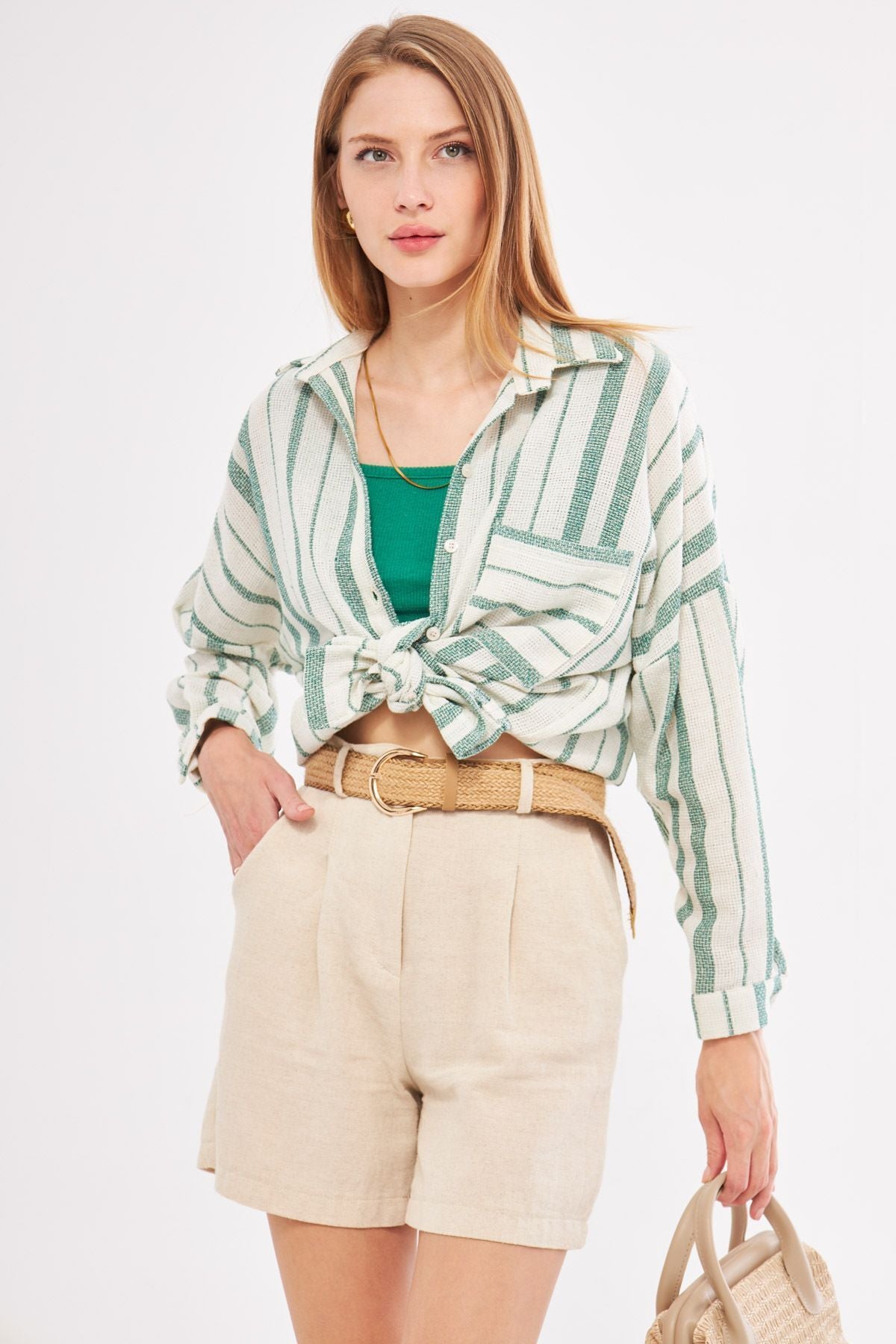 Woman Dark Green Long Sleeve Pocket detailed back Pleated Pleated Striped Oversize shirt ARM-24Y001053