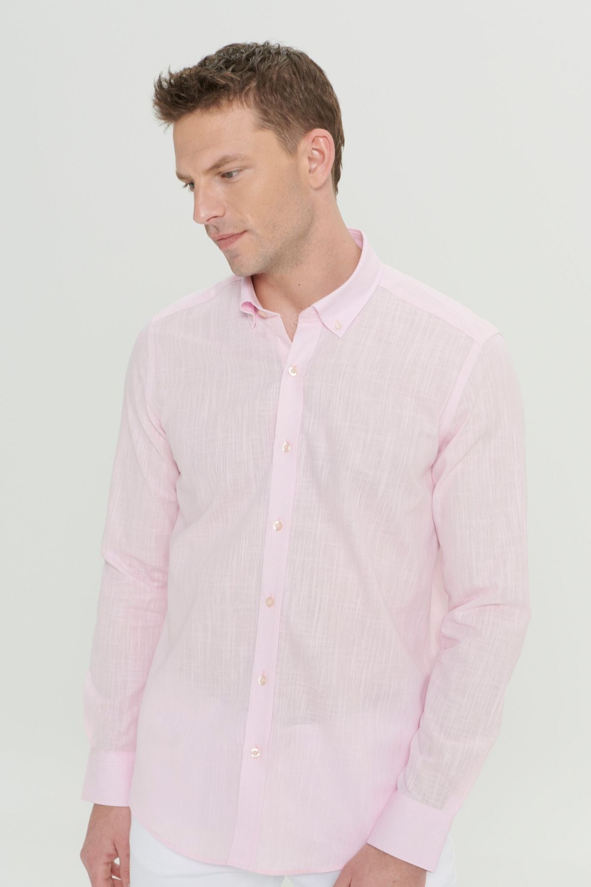 Male Pink 100 %Cotton Oxford Slim Fit button with collar pennant shirt