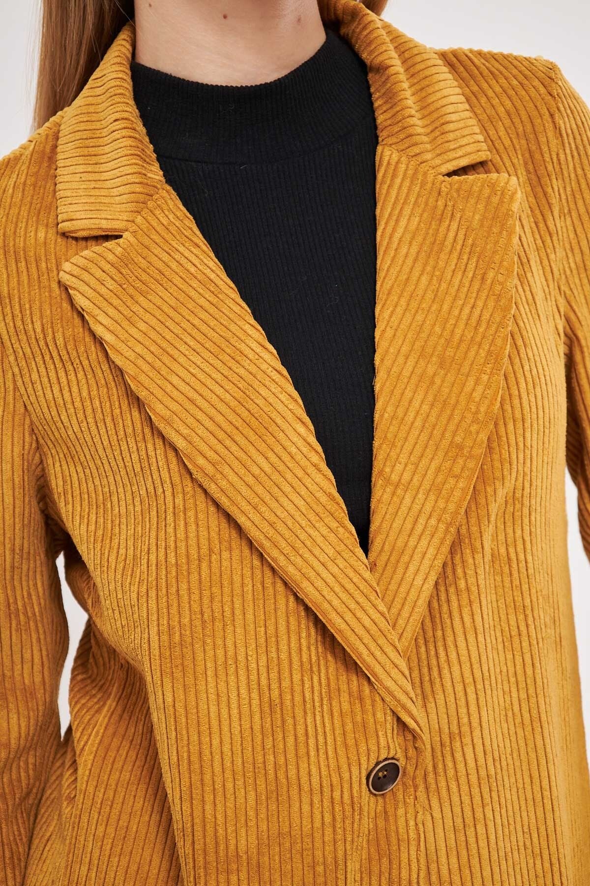 Woman mustard Single button Velvet Jacket ARM-24K001043