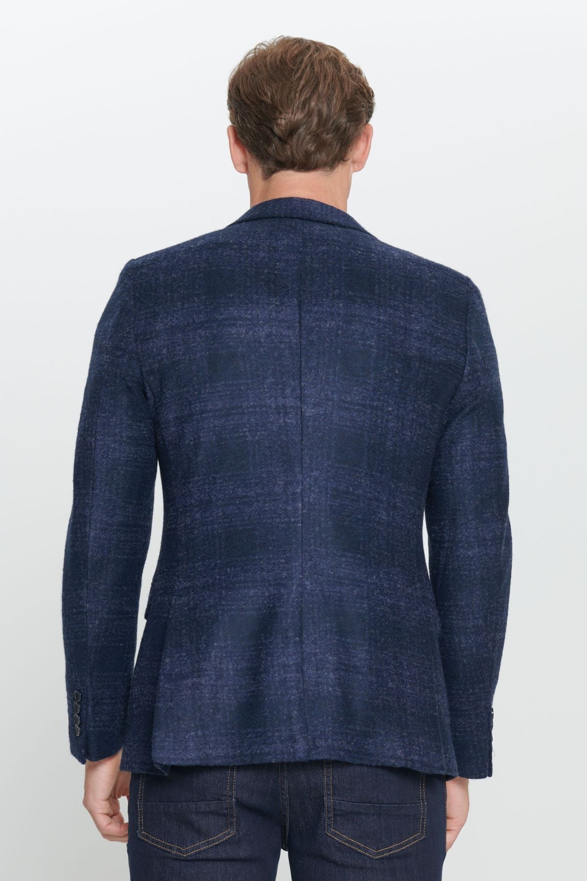 Men's navy blue slim fit narrow cut mono collar woolen blazer jacket