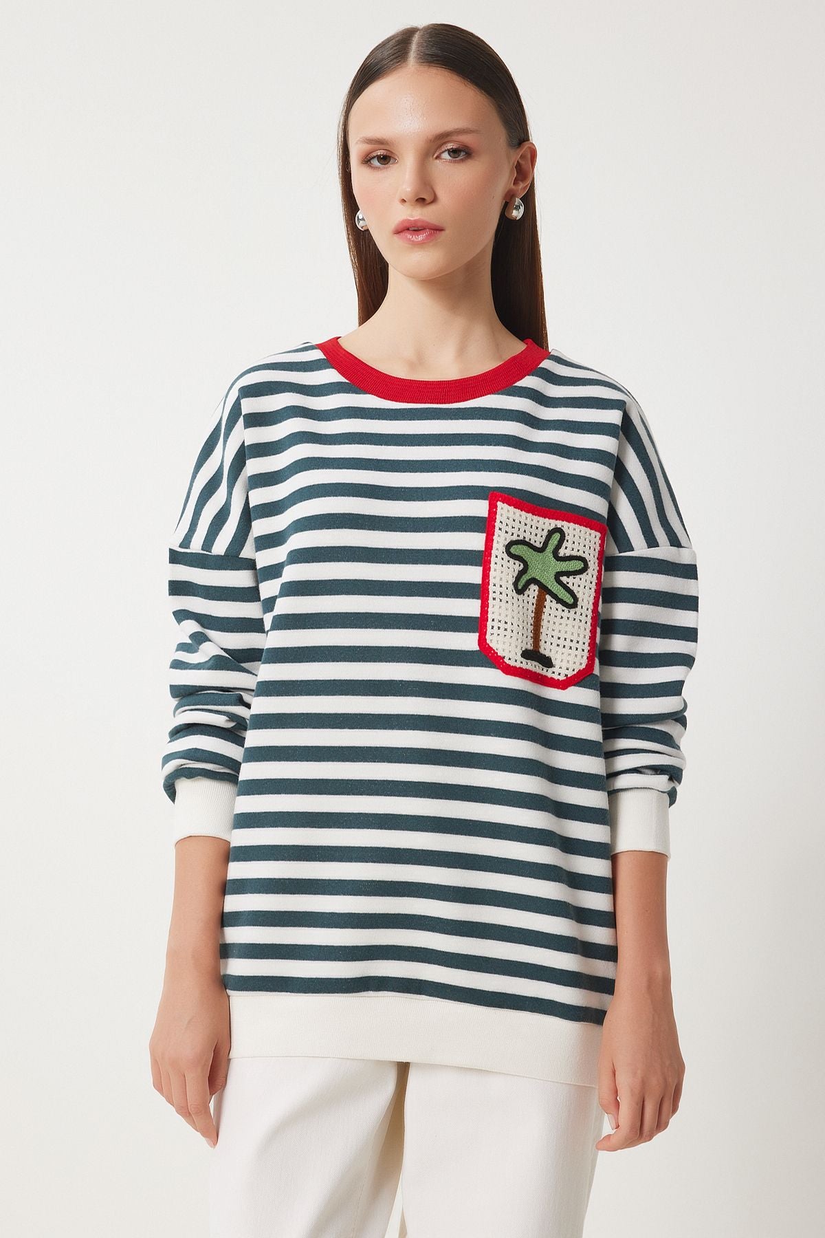 Woman Ecru Green Knitted Pocket striped Red Knitting Sweatshirt NV00074