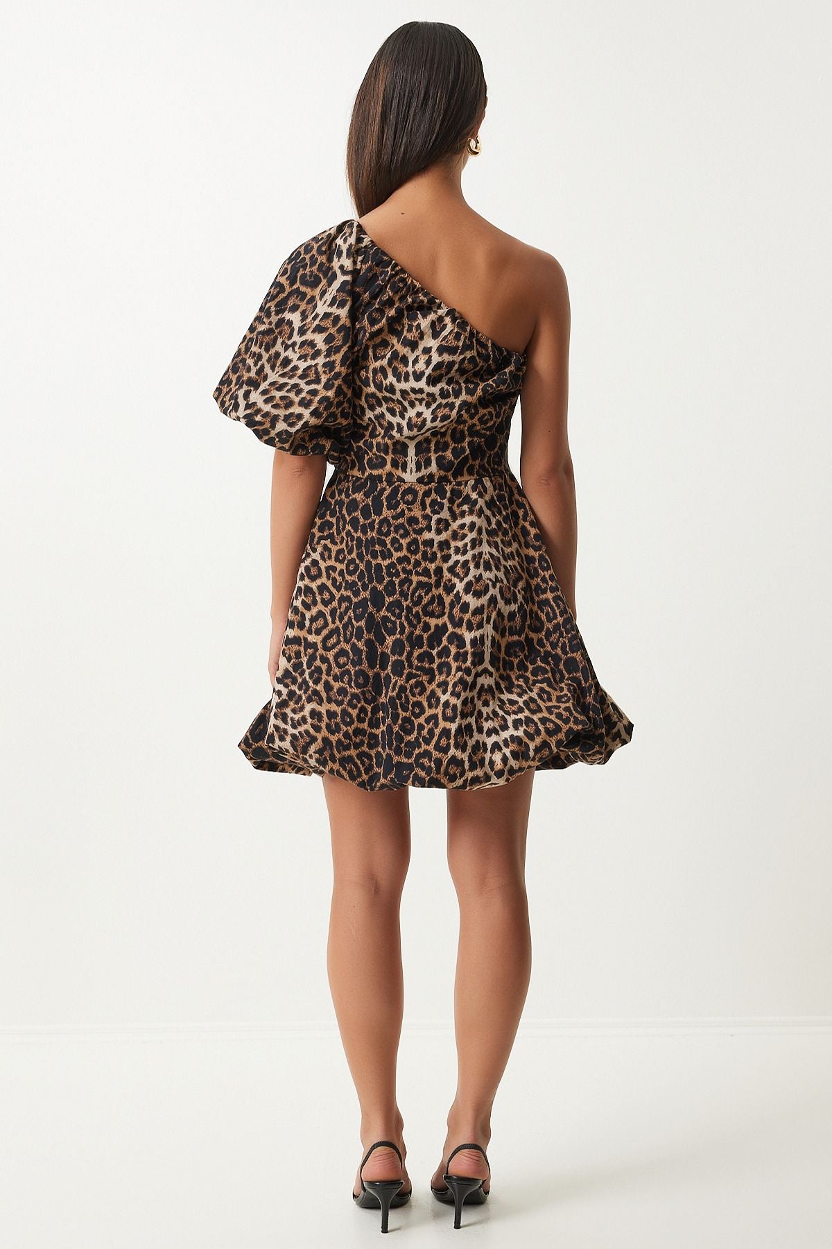 Female Black Beige Leopard Patterned Balloon Sleeze One Shoulder Woven Dress UL00034
