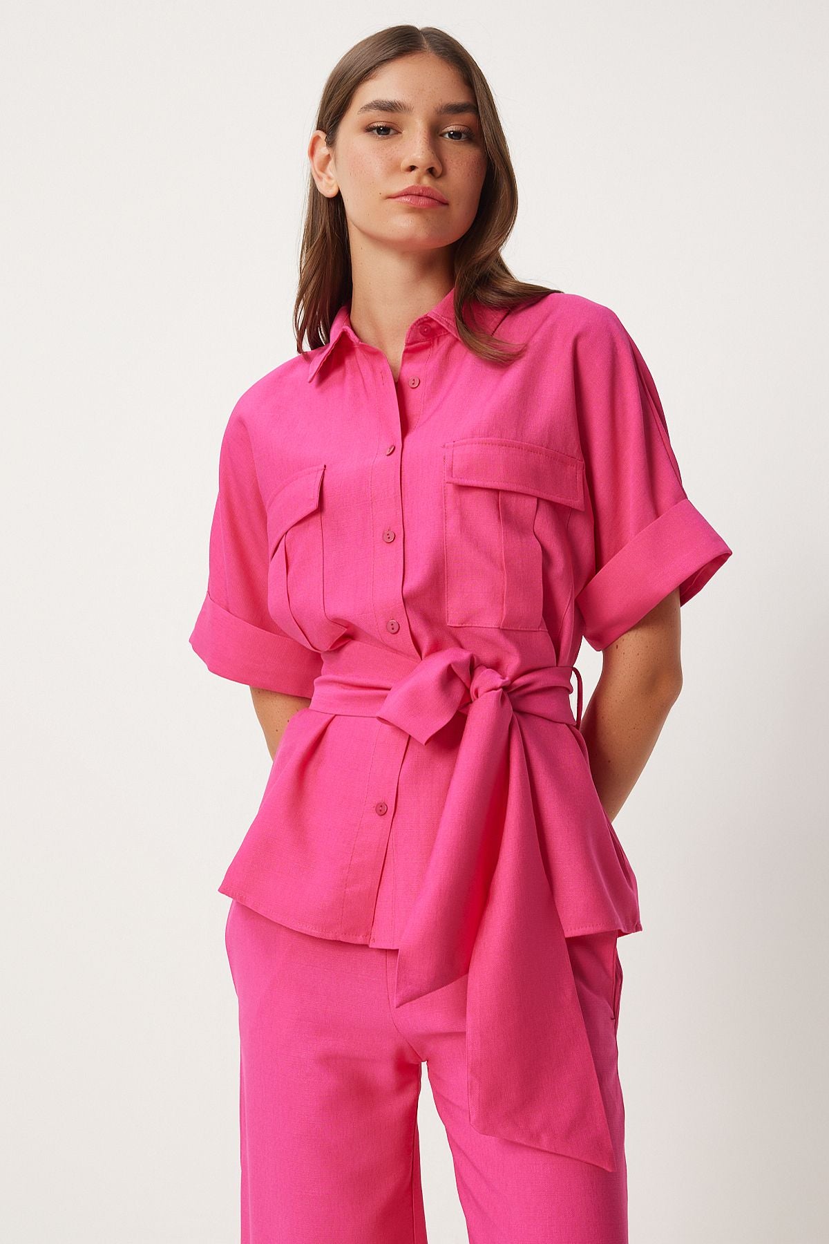 Female pink belt shirt pants weaving set FN03276