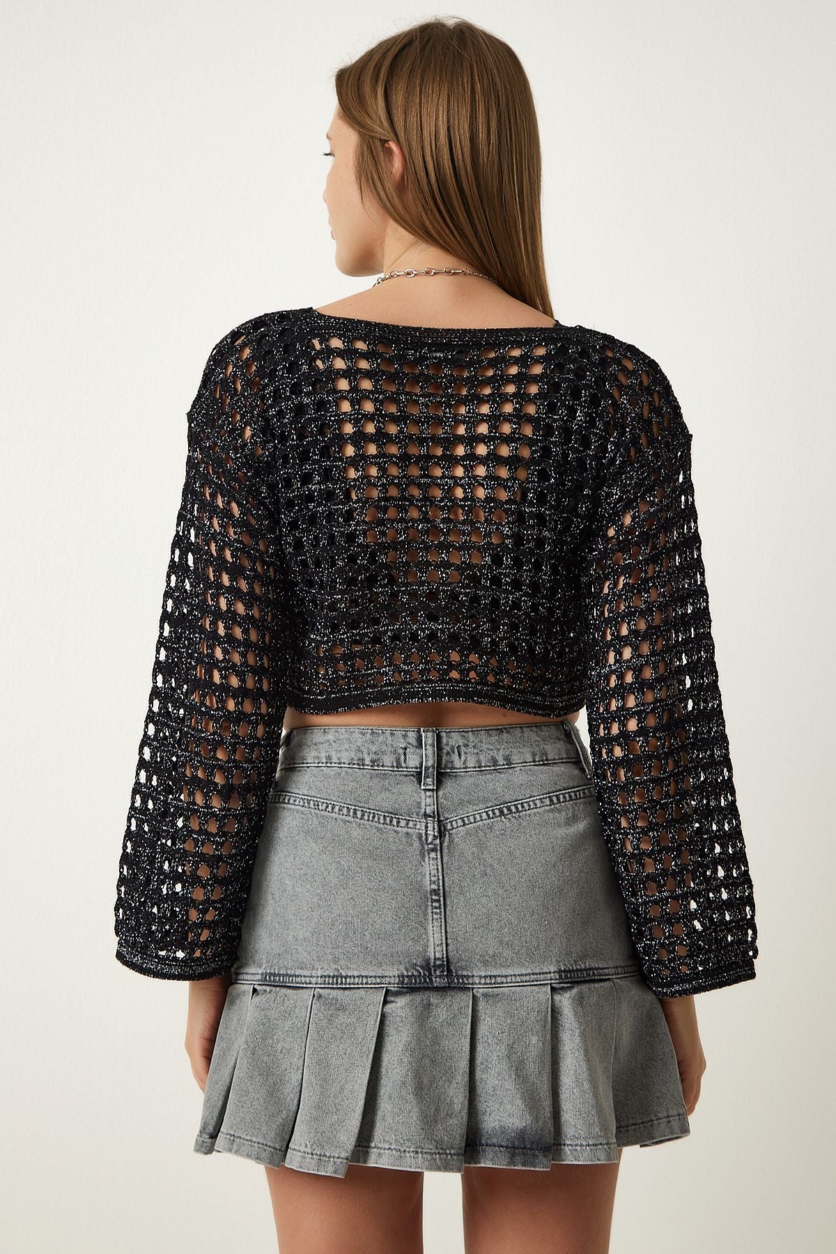 Female Black Outlide Crop Triko Sweater Ew00007