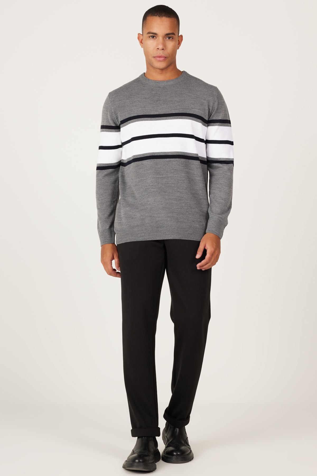 Men's Gray-Ekru Standard Fit Normal Cut Normal Cycling Cycling Yaka striped knitwear sweater