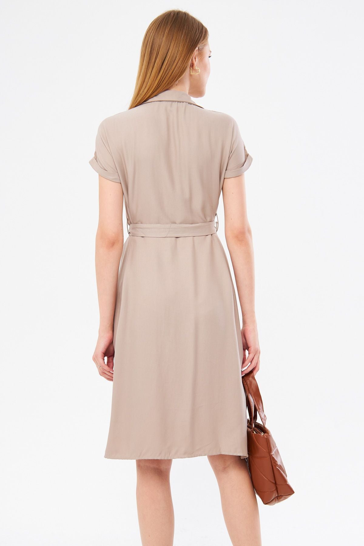 Female Beige Waist Belt Short Sleeve Shirt Dress ARM-19Y001068