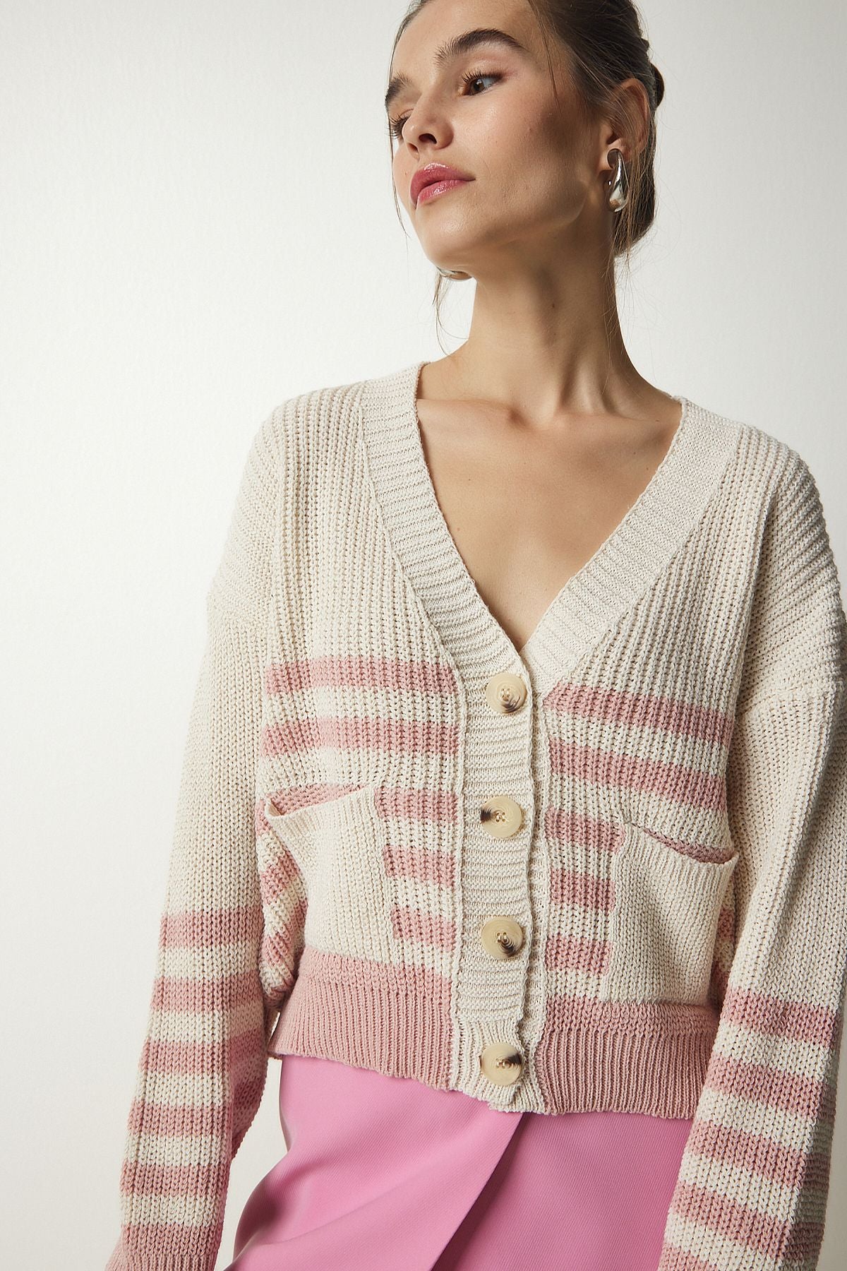 Female beige powder striped knitwear cardigan mc00237