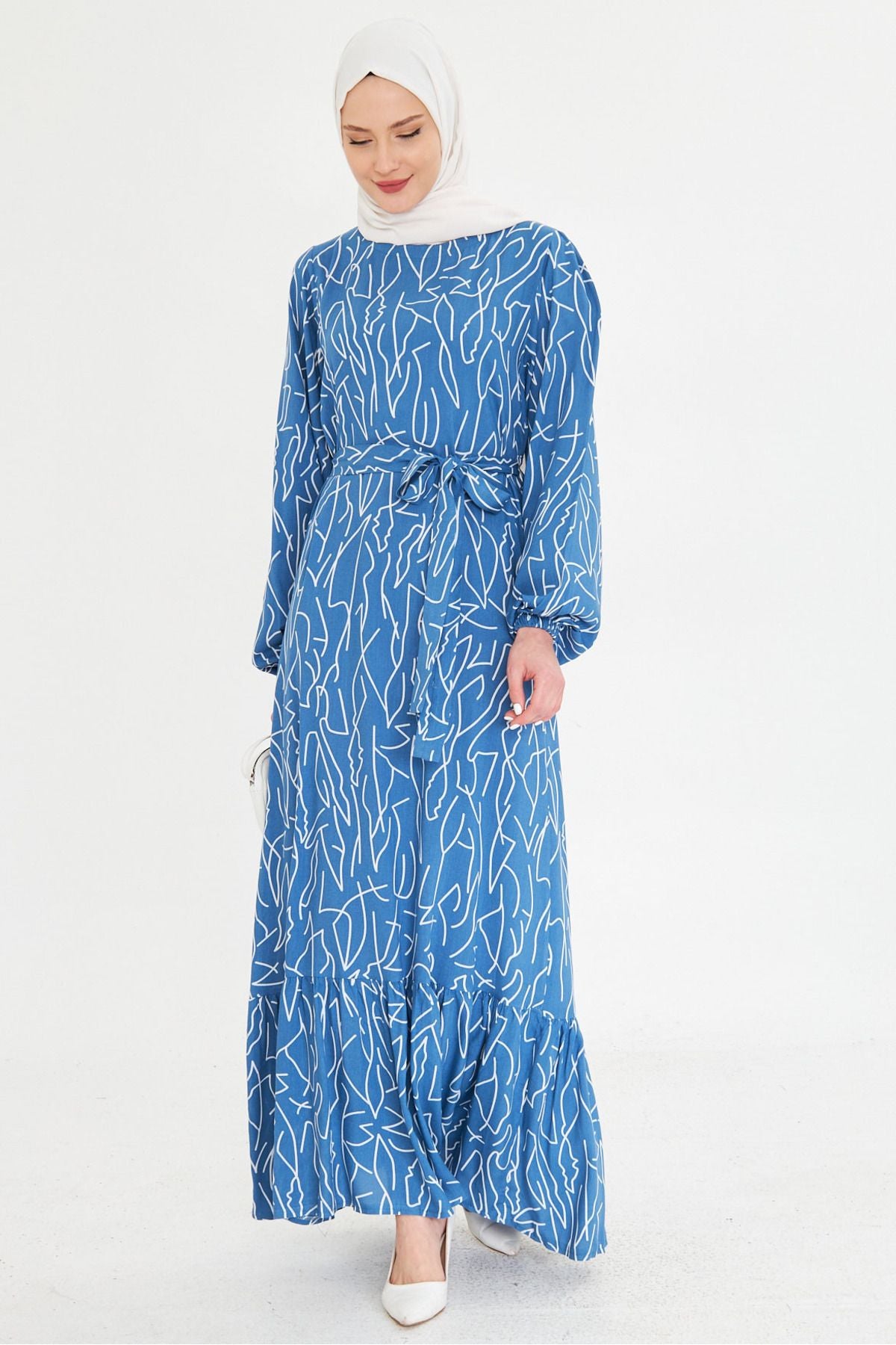 Female indigo zero collar behind zipper skirt with frilly belt long hijab dress ARM-25K001101