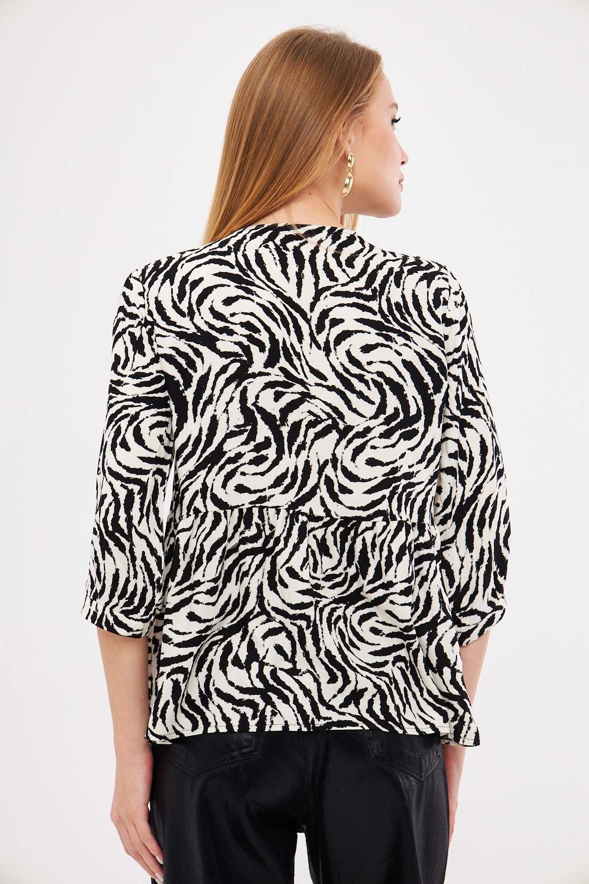 Female Black-and-White Side Bağlama Detailed Robed Robed Quarter Arm Blouse ARM-25K001044