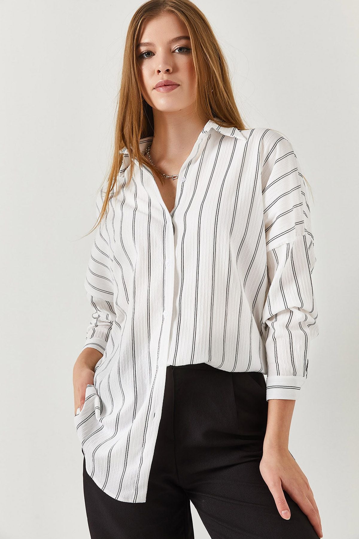 Woman White White Fine Striped Oversize Long Basic Shirt ARM-221185