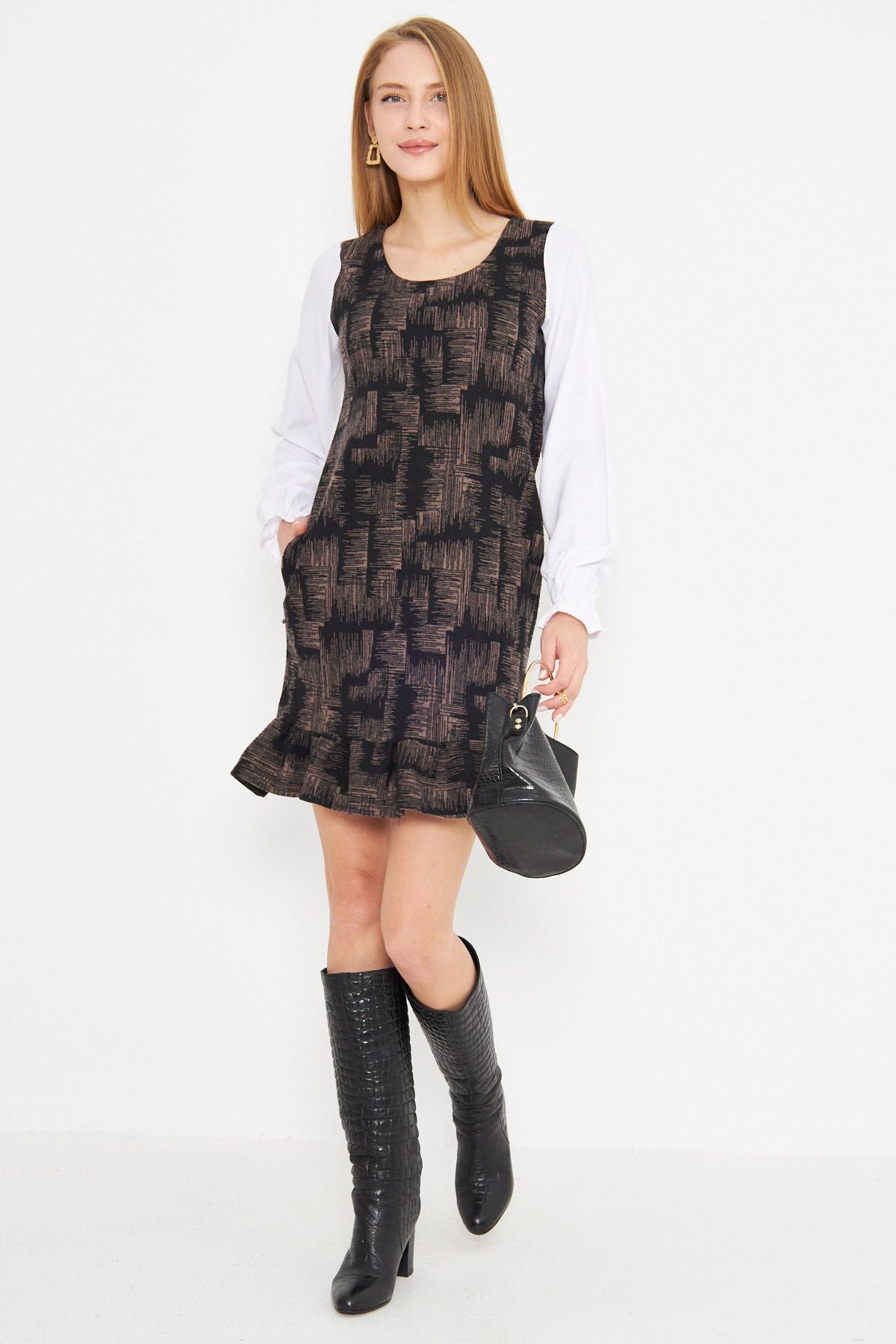 Female mink u collar skirt ruffle detailed long arm pocket dress ARM-25K001052