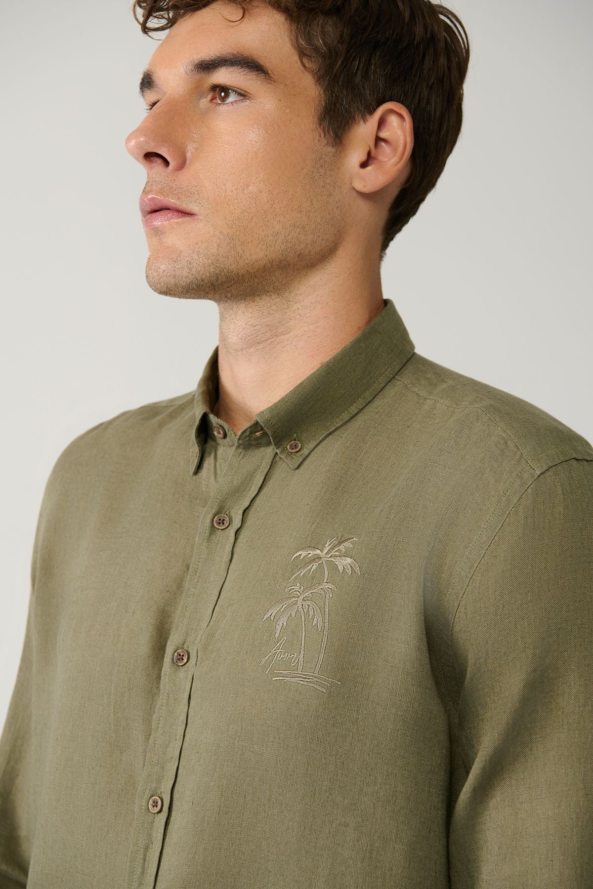 Male Khaki Buttoned Neck 100 %Linen Embroidery Shirt A41y2232